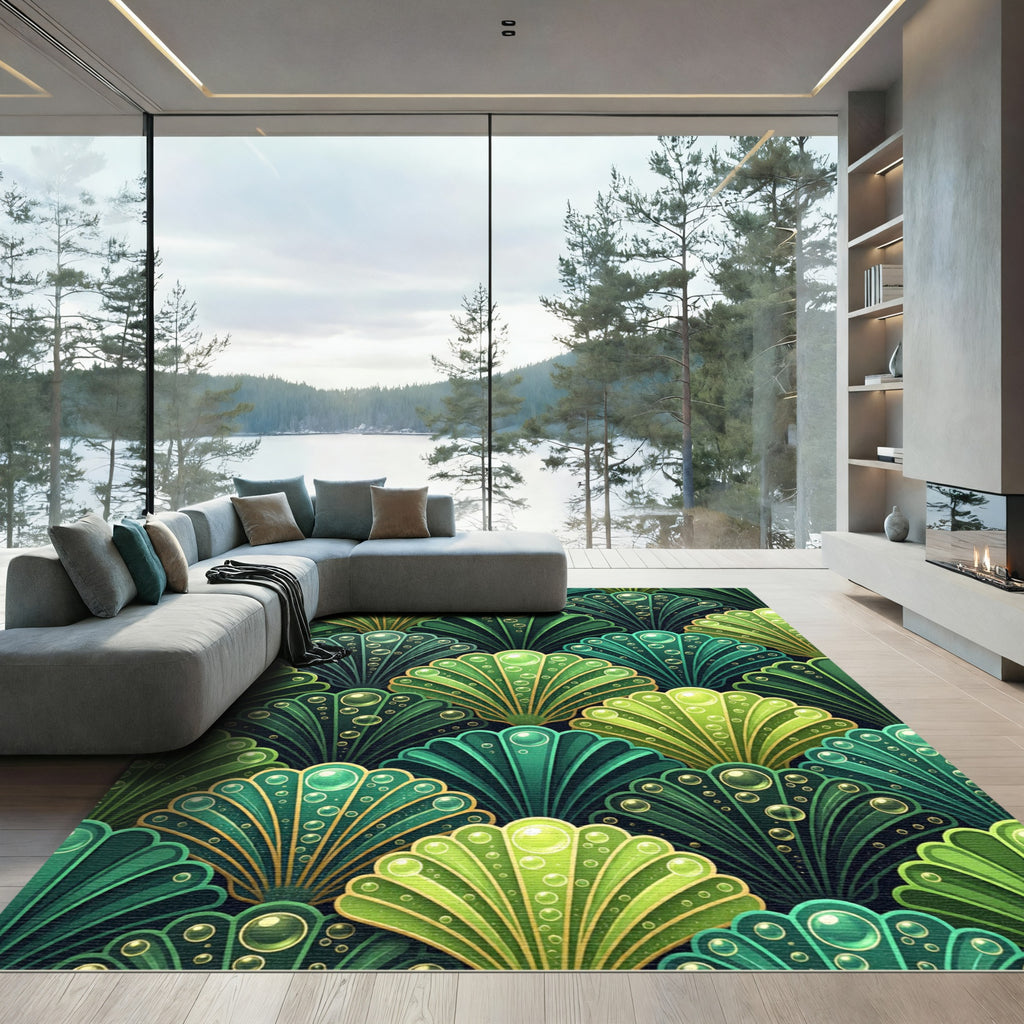 Emerald Green Abstract Fan Bubbles Rug