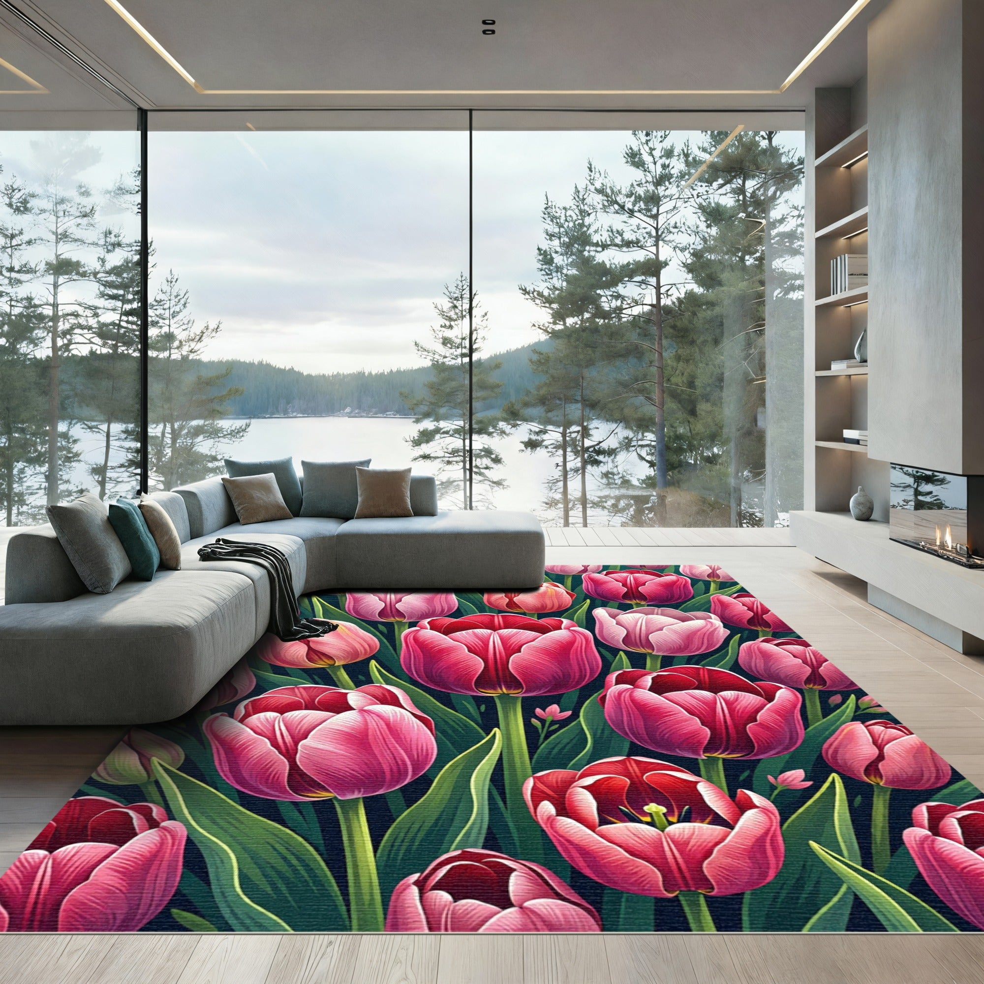 Pink Red Tulip Garden Arrangement Rug