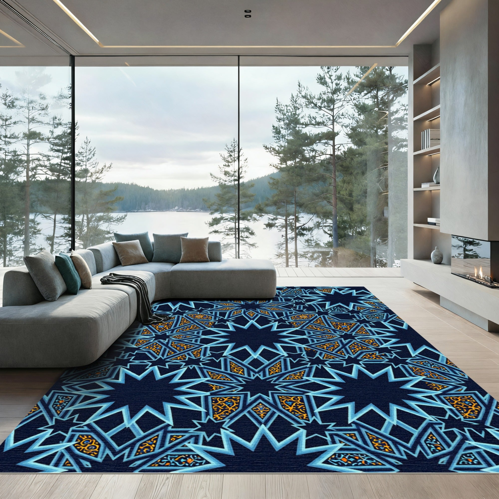 Celestial Navy Blue Geometric Star Lattice Rug