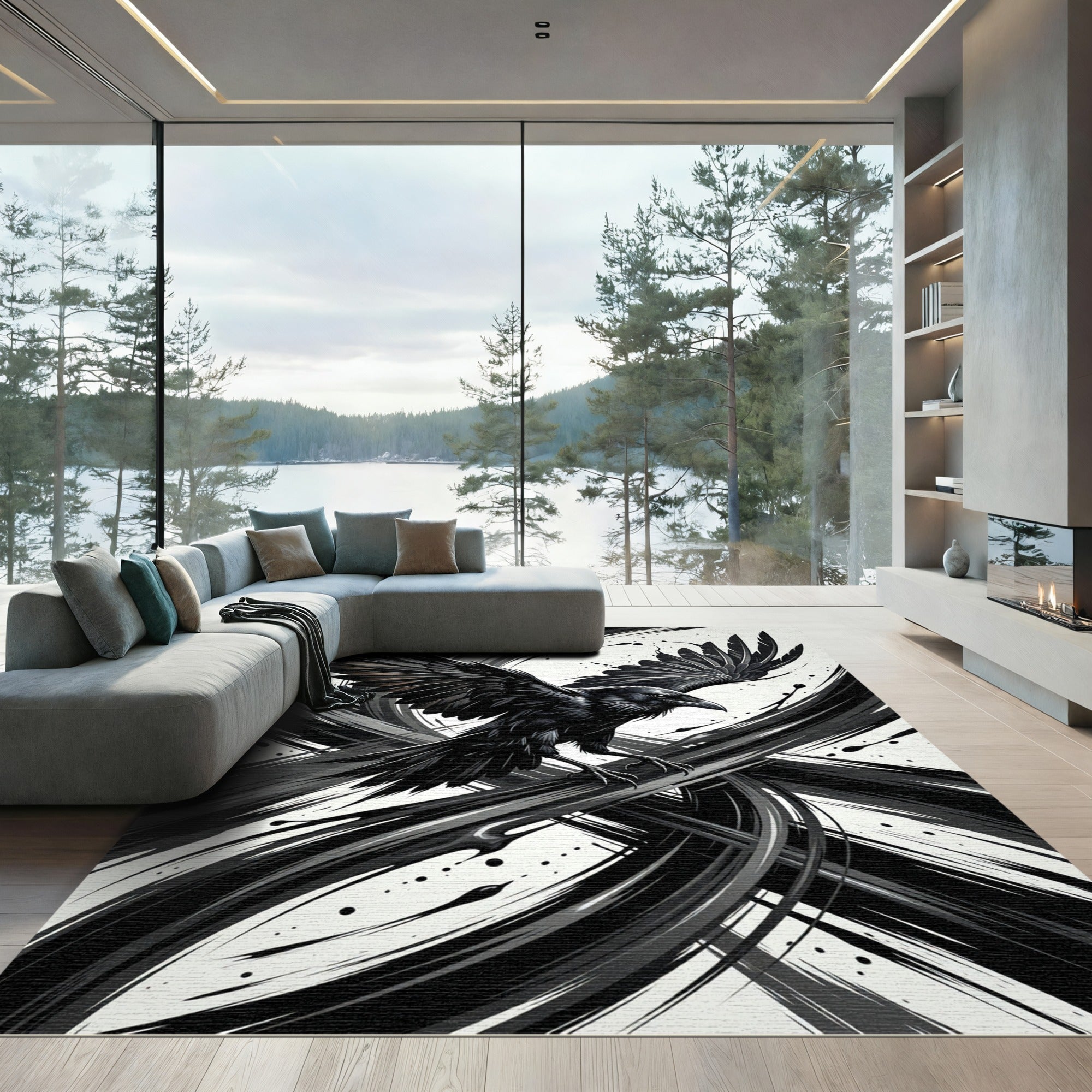 Black Raven Ink Brushstrokes Rug
