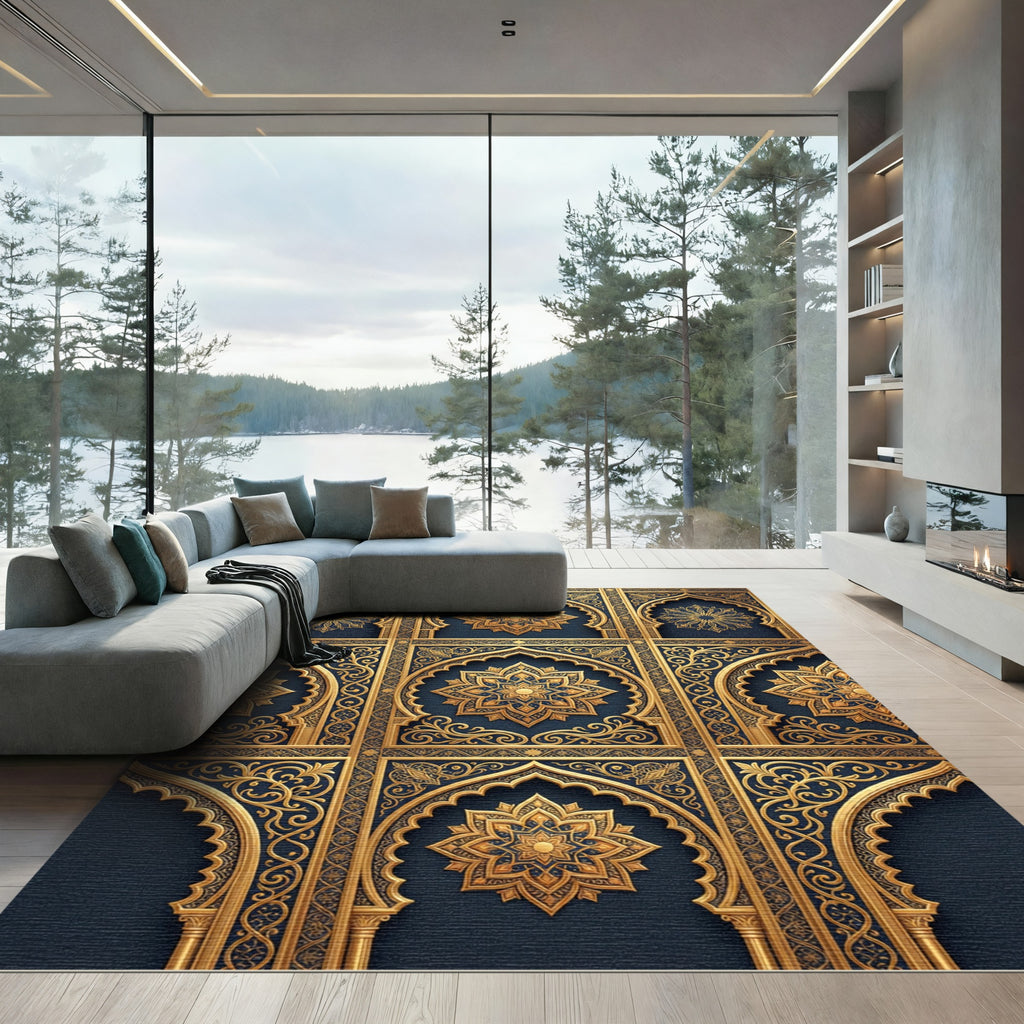 Elegant Navy and Gold Mandalas Rug