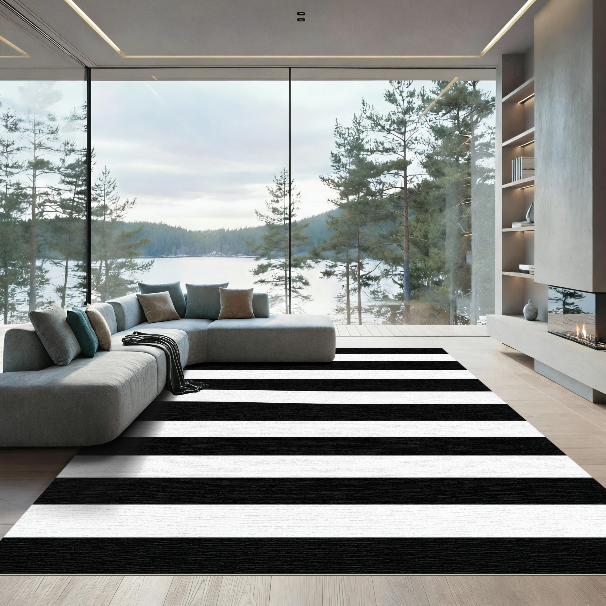 Bold Black White Stripe Contemporary Rug
