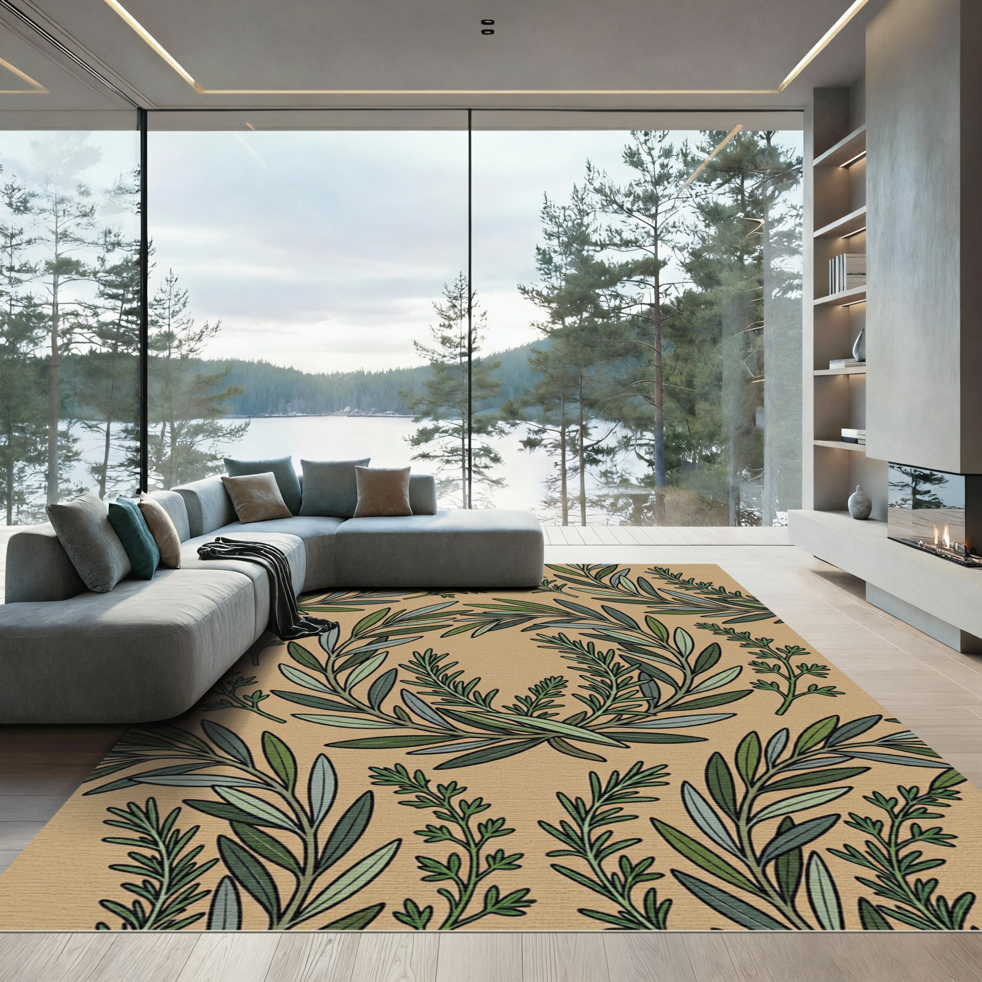 Olive Branch Wreath Botanical Sage Earthy Rug