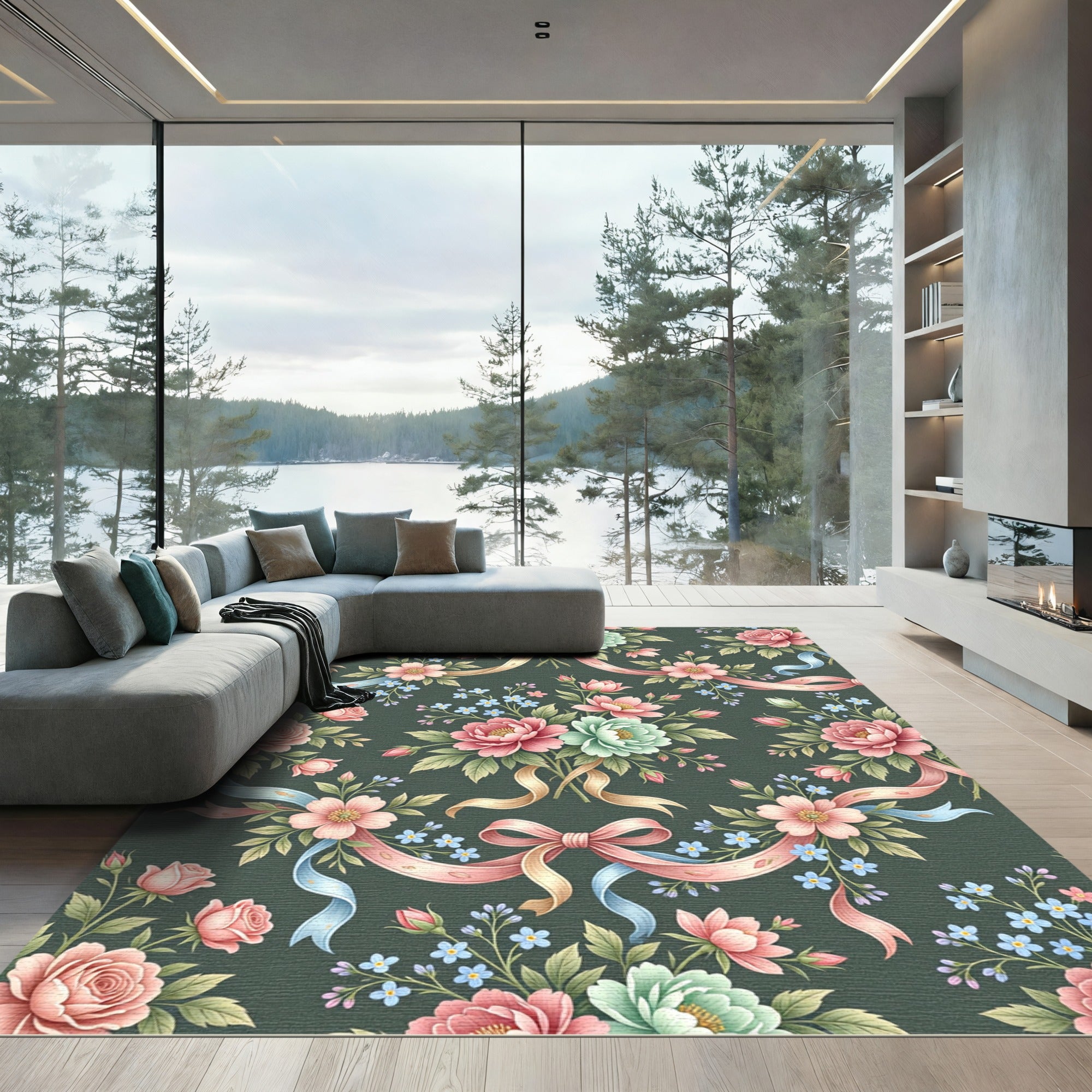 Vintage Romantic Floral Ribbon Dark Green Rug