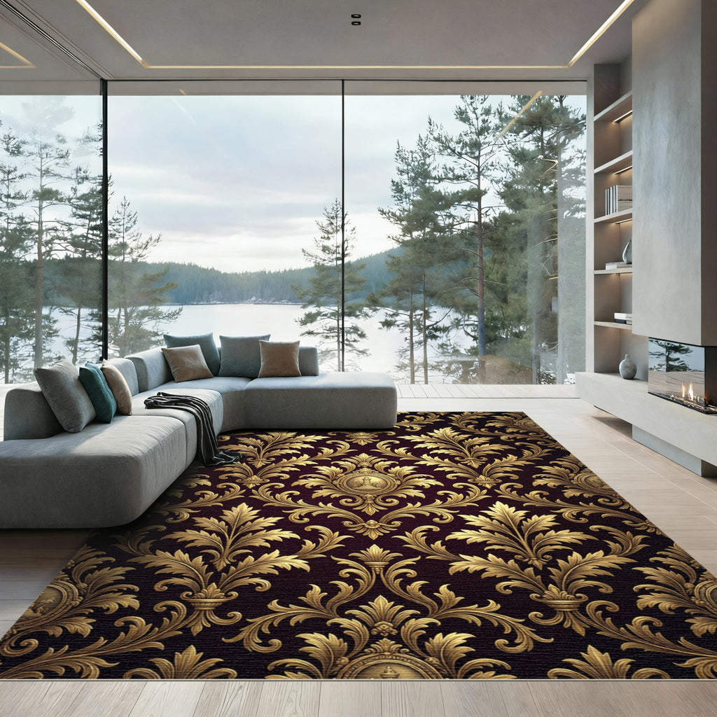 Elegant Golden Damask Scroll Medallion Rug