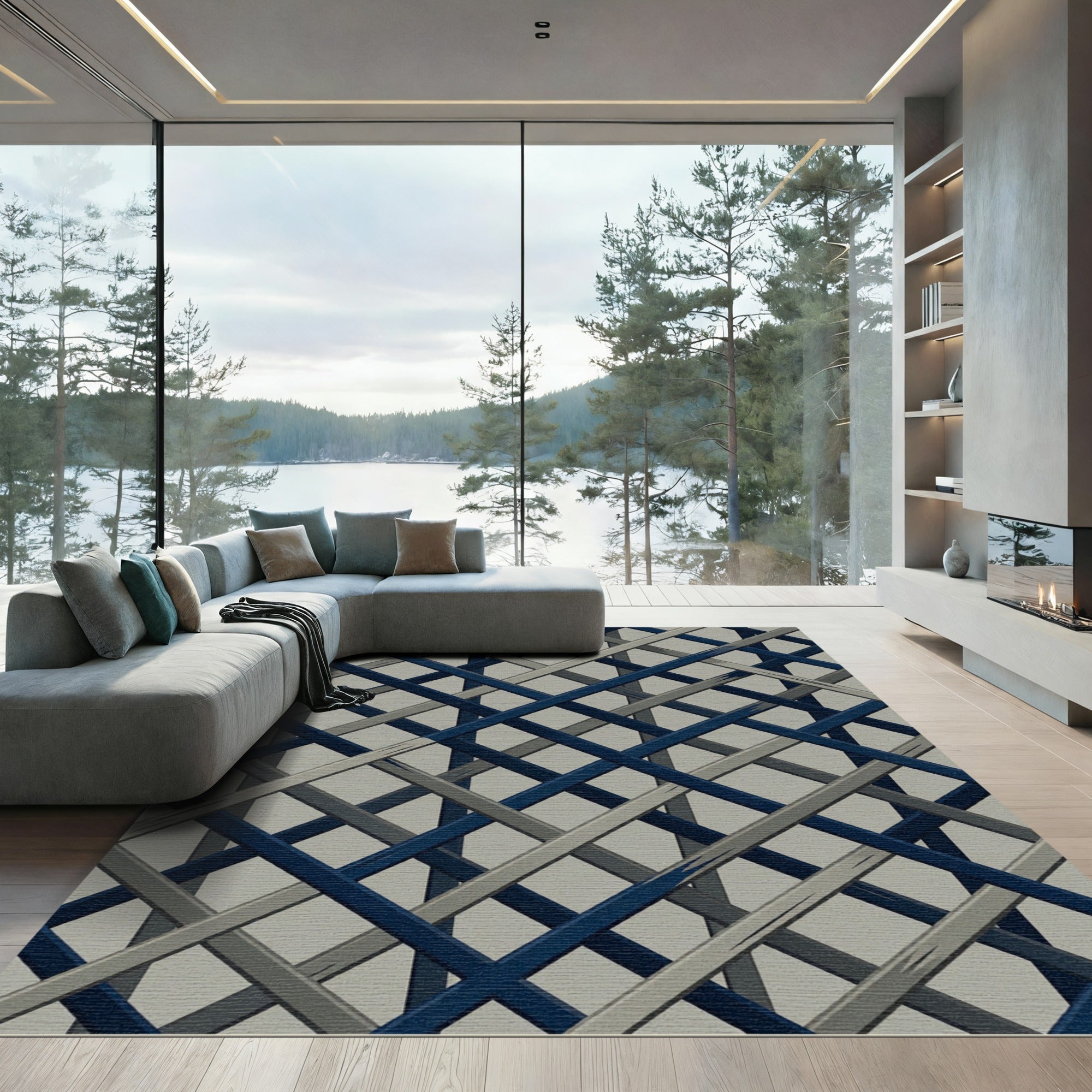 Navy and Gray Woven Plaid Cross Rug