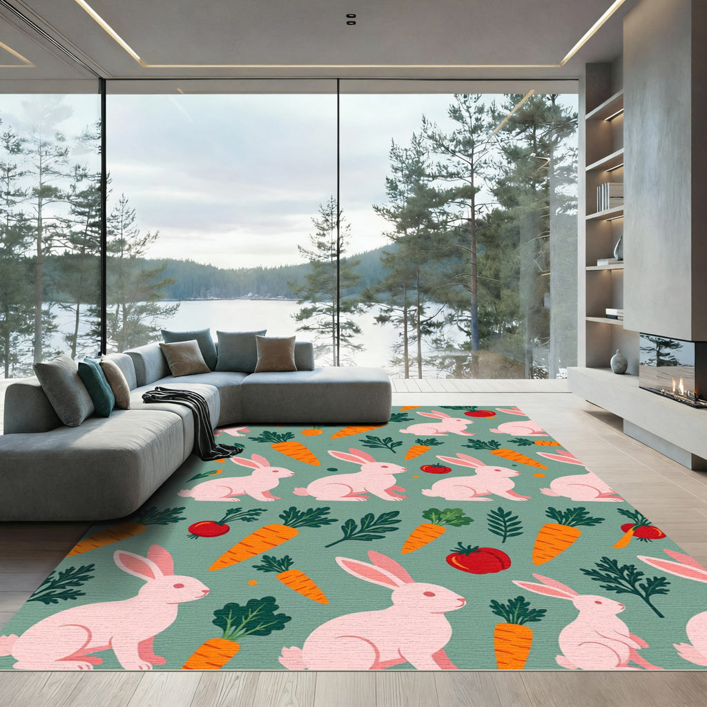 Playful Pink Rabbit and Carrot Sage Rug