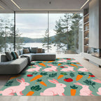 Playful Pink Rabbit and Carrot Sage Rug