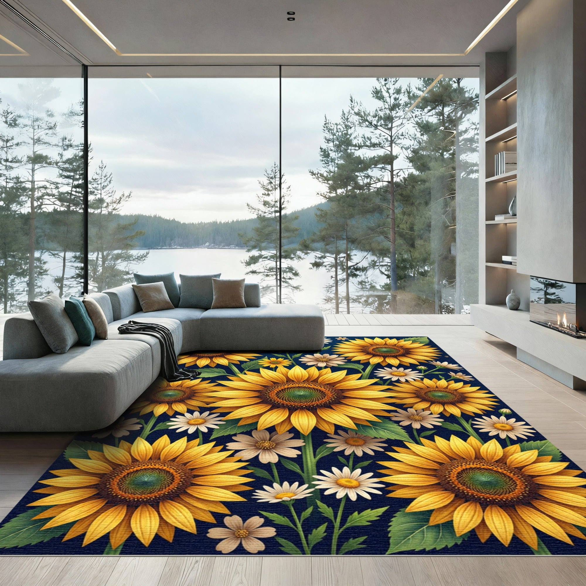 Sunflowers and Daisies Navy Botanical Rug