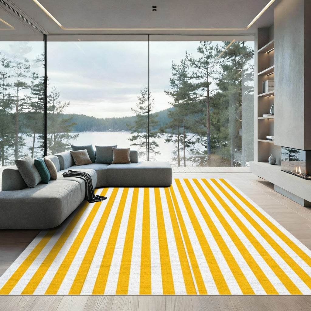 Minimalist Yellow and White Linear Stripe Rug