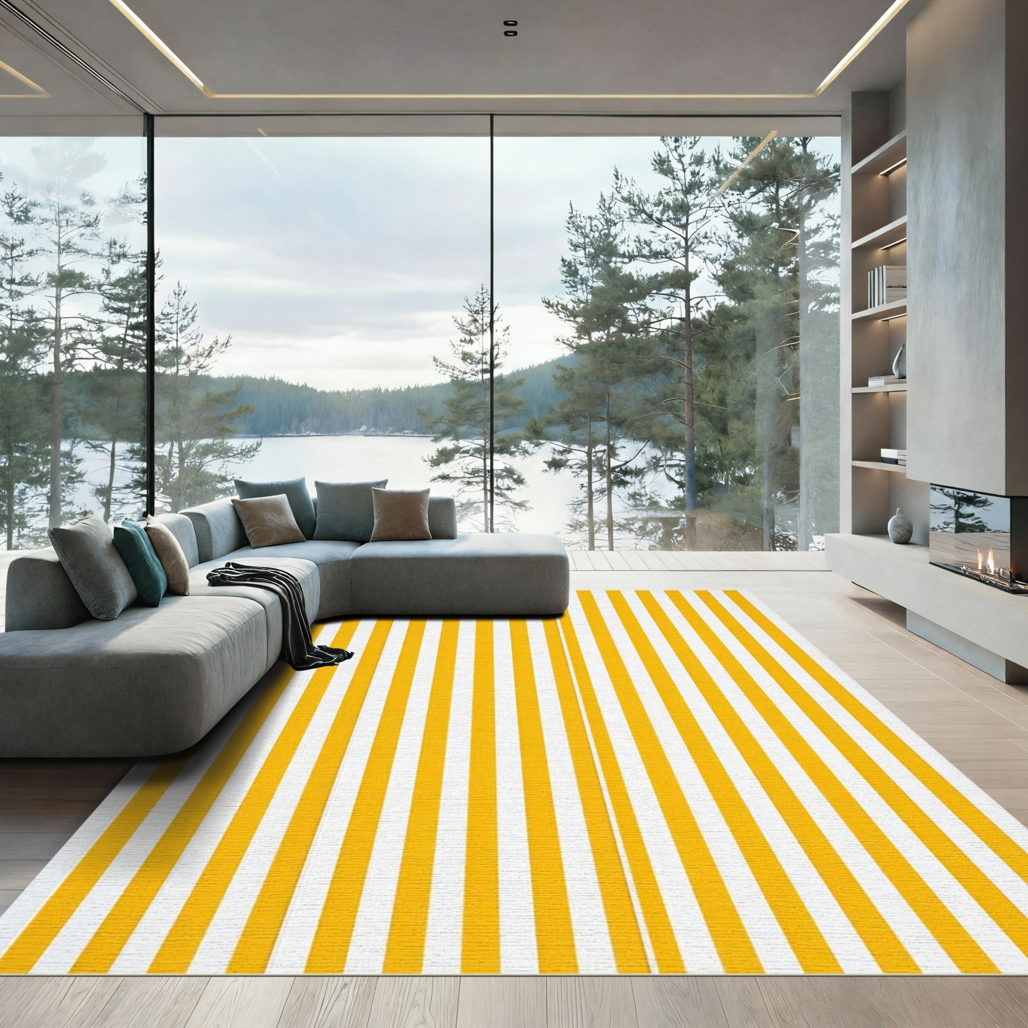 Minimalist Yellow and White Linear Stripe Rug
