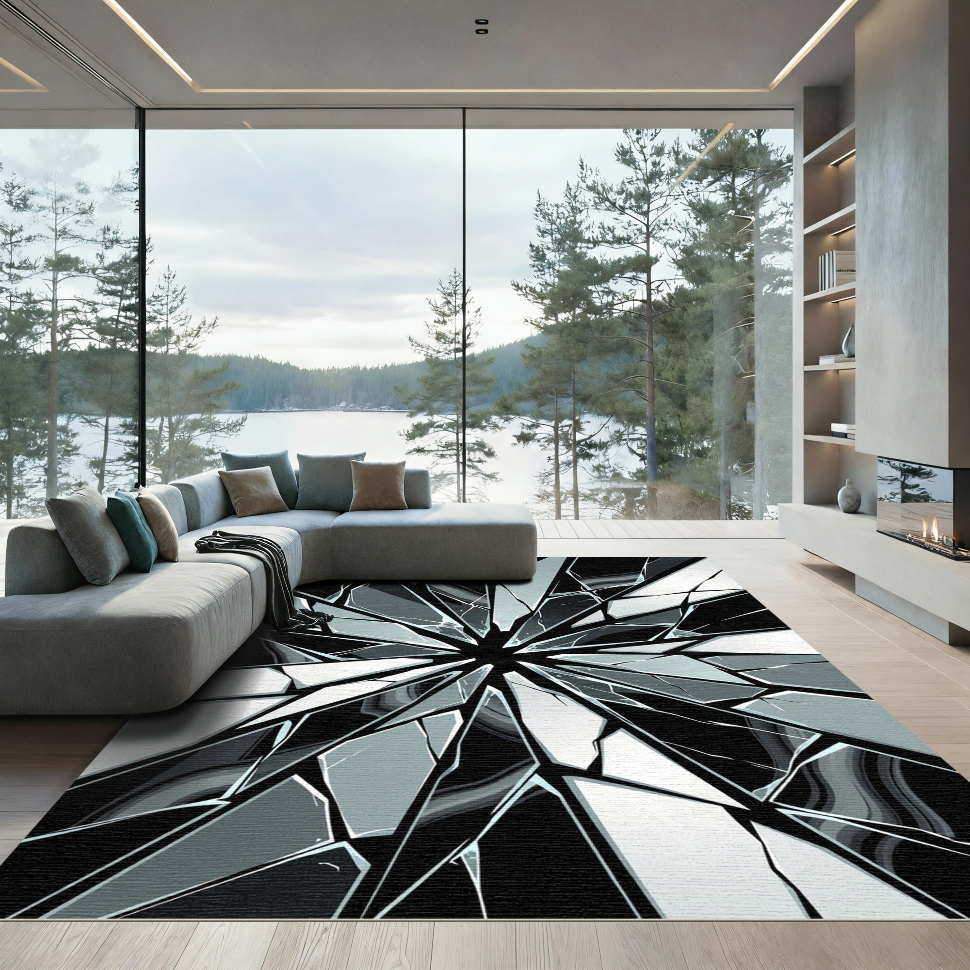 Monochrome Shattered Glass Geometric Abstract Rug