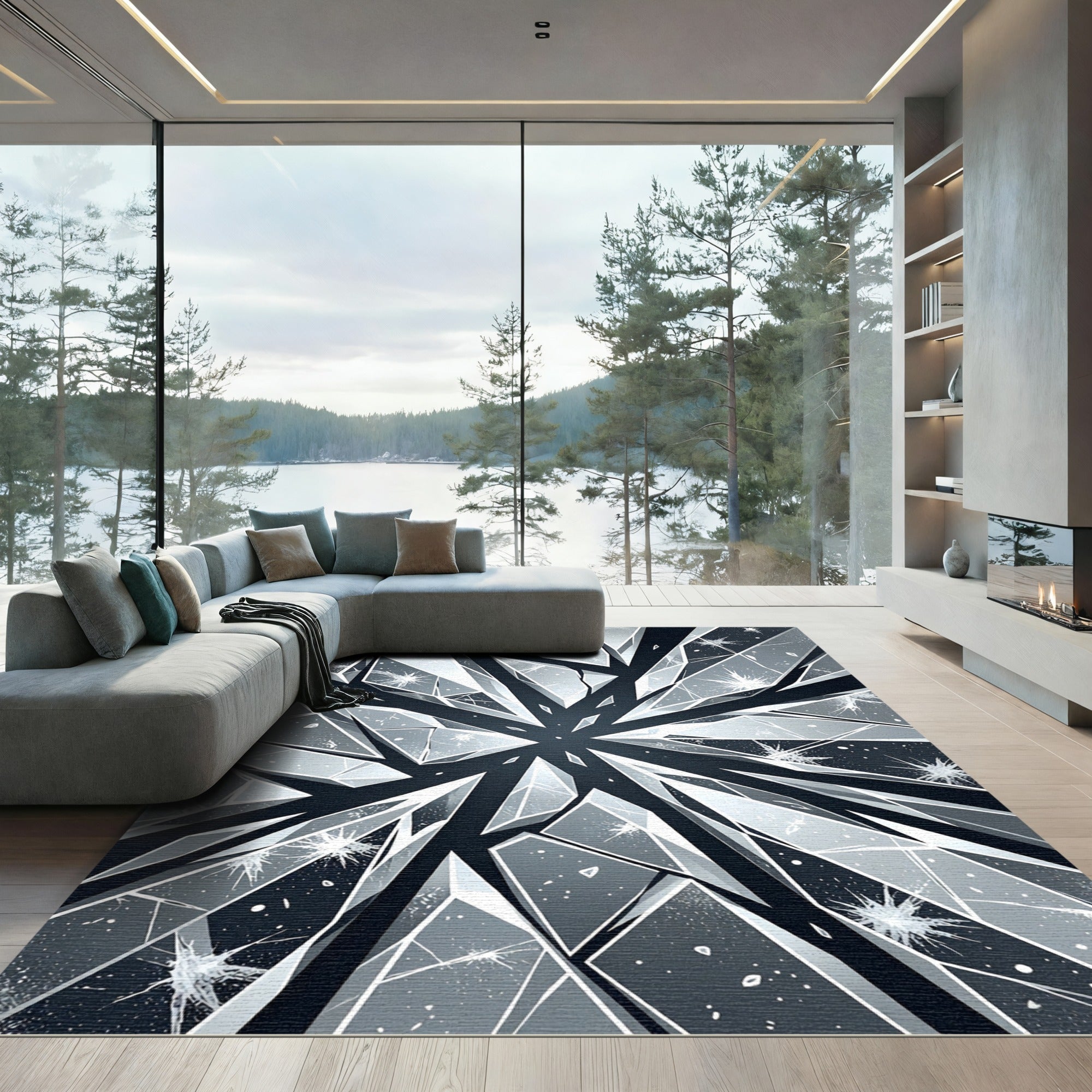 Monochromatic Shard Geometric Abstract Shattered Glass Rug