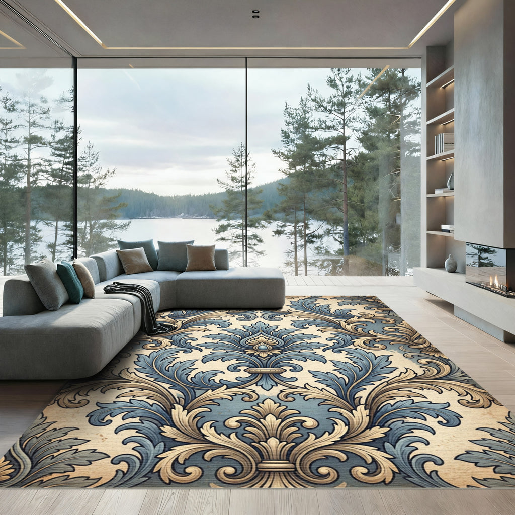 Blue and Beige Ornate Damask Scroll Rug