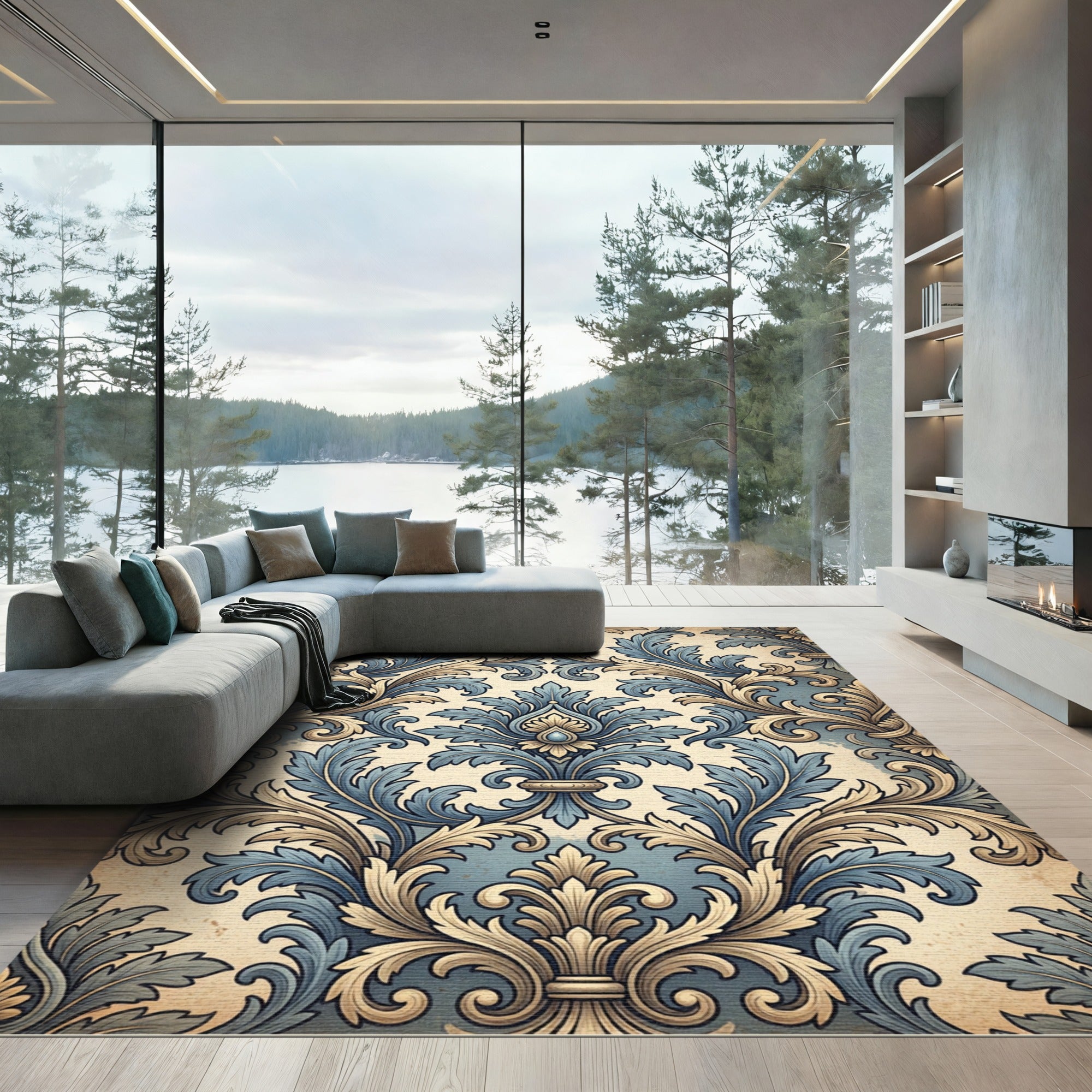 Blue and Beige Ornate Damask Scroll Rug
