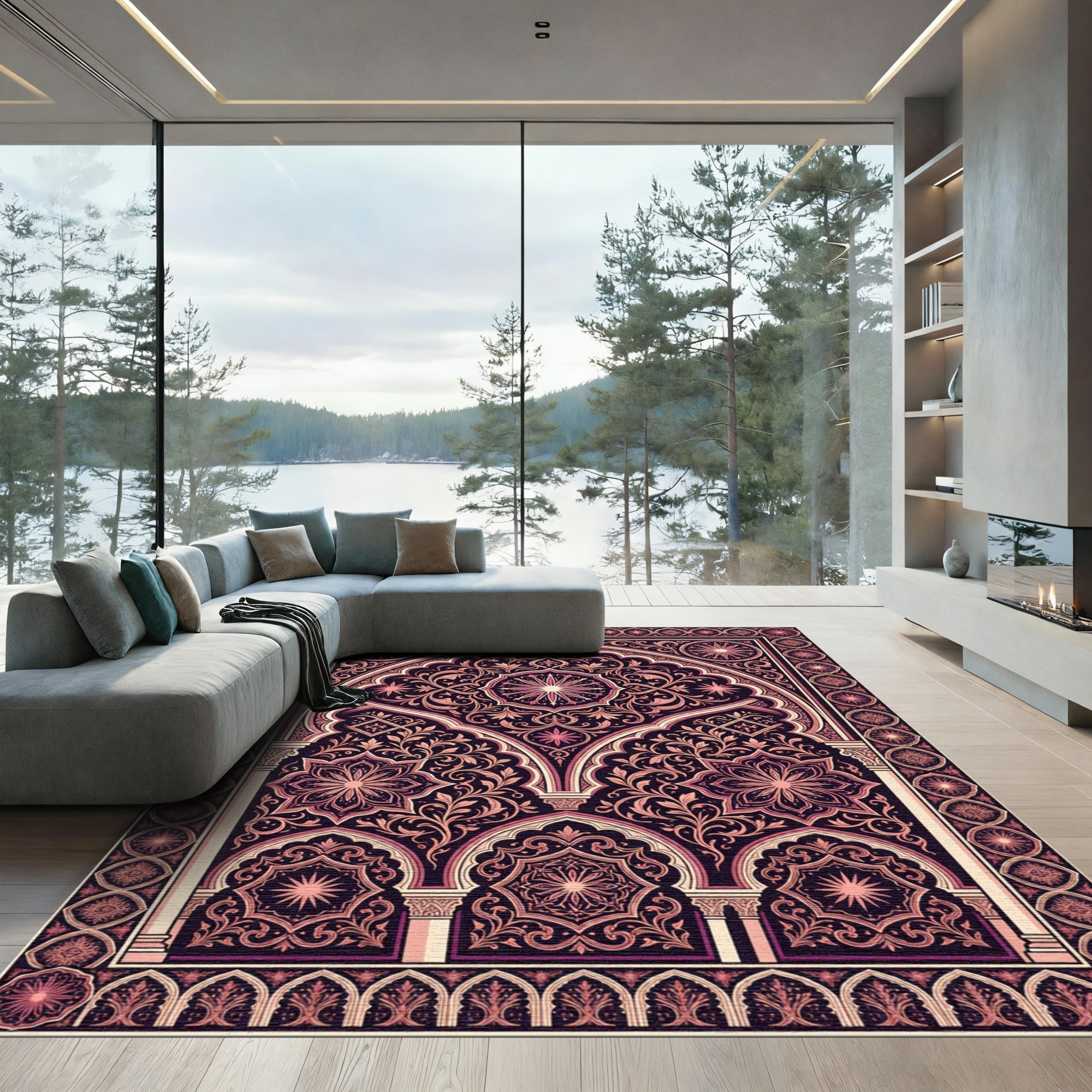 Ornate Pink Archway Floral Medallion Rug