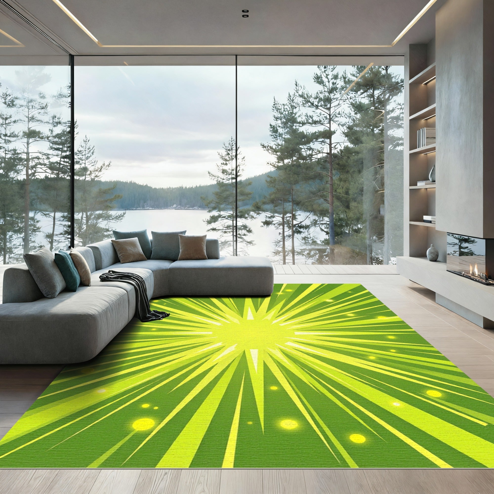 Radiant Lime Green Sunburst Explosion Rug