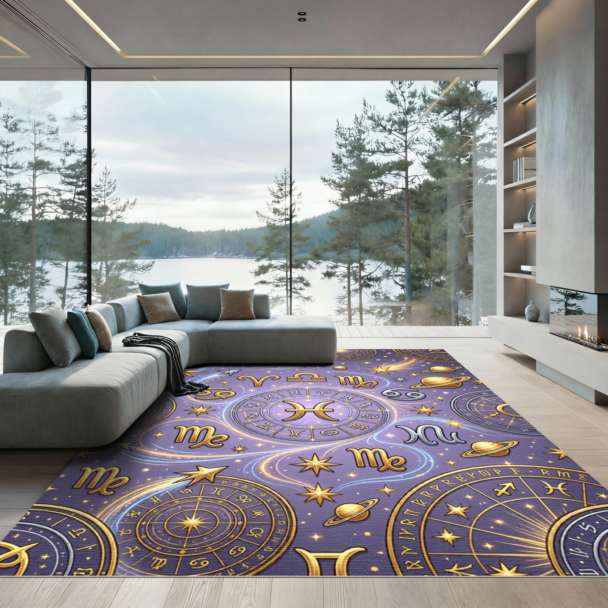 Celestial Golden Zodiac Constellation Art Rug