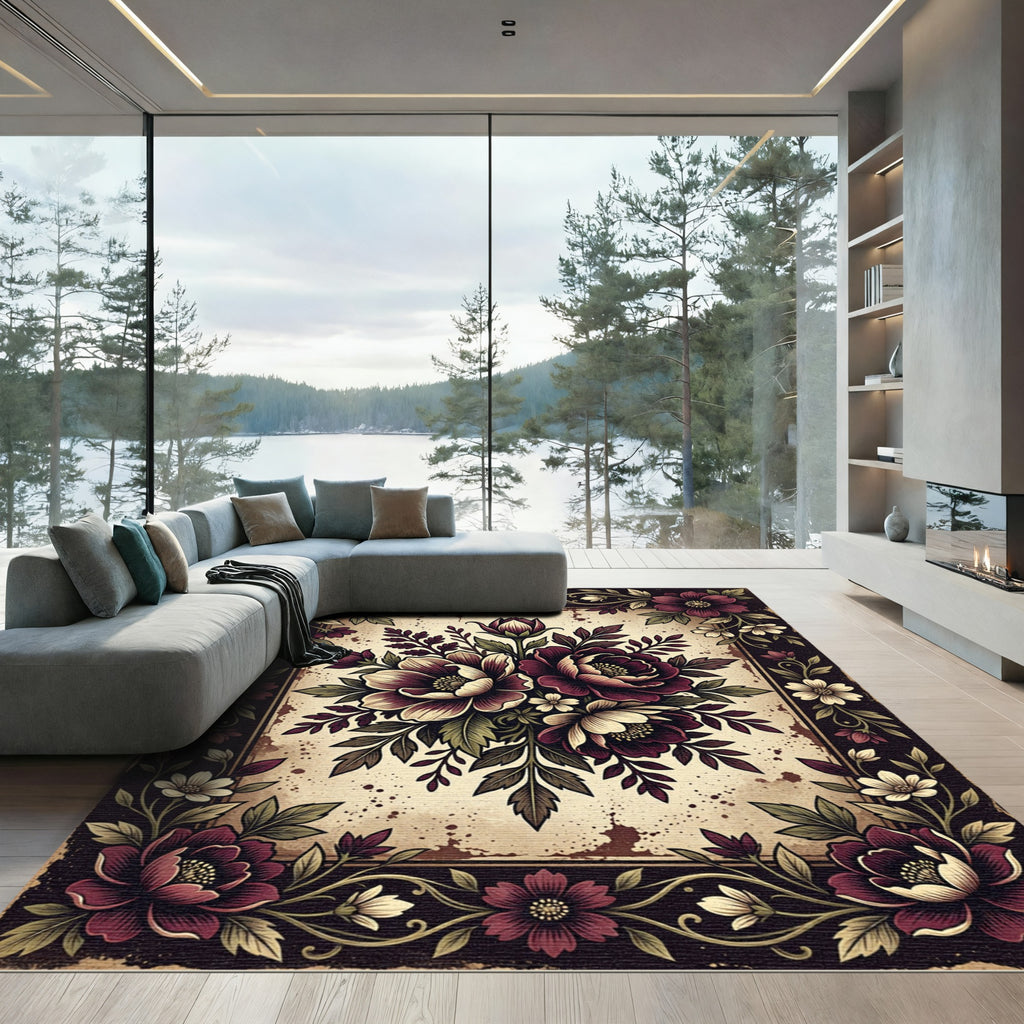 Dark Burgundy Floral Bouquet Border Rug