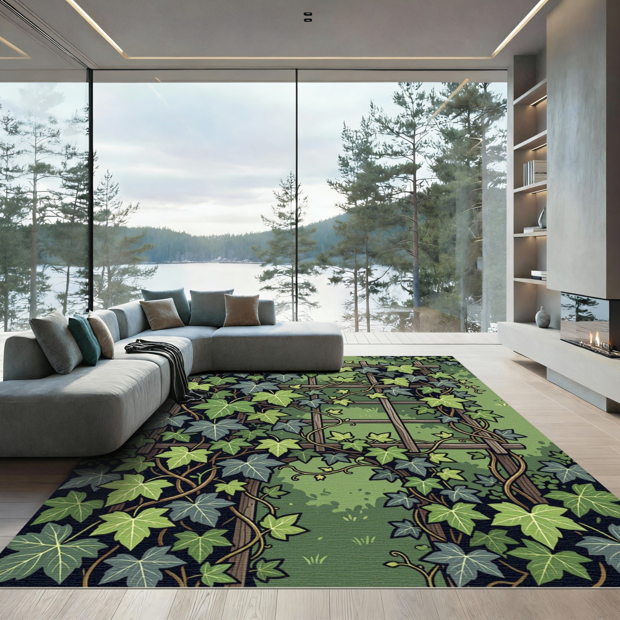Lush Green Ivy Trellis Foliage Rug