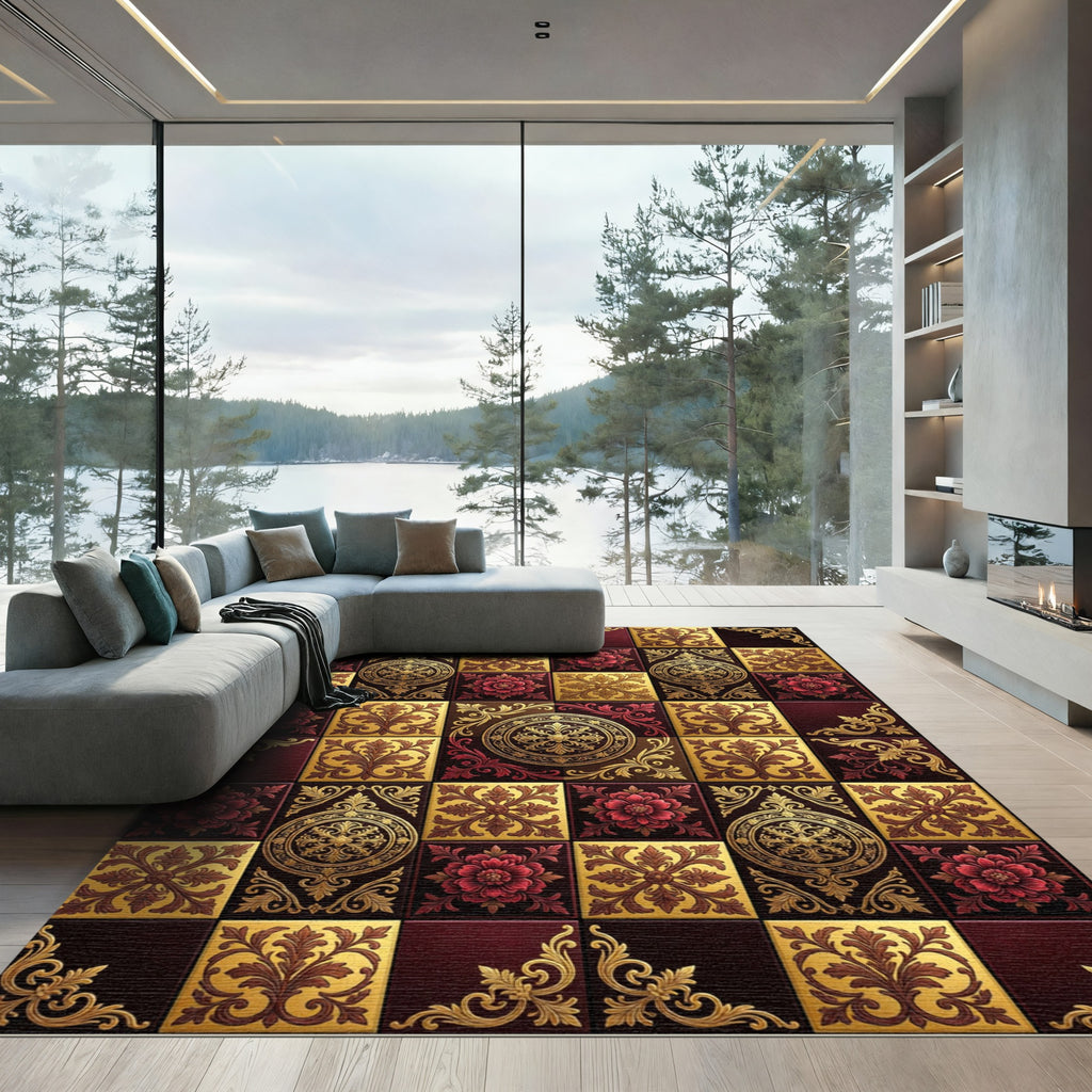 Rich Crimson and Gold Medallion Tile Rug