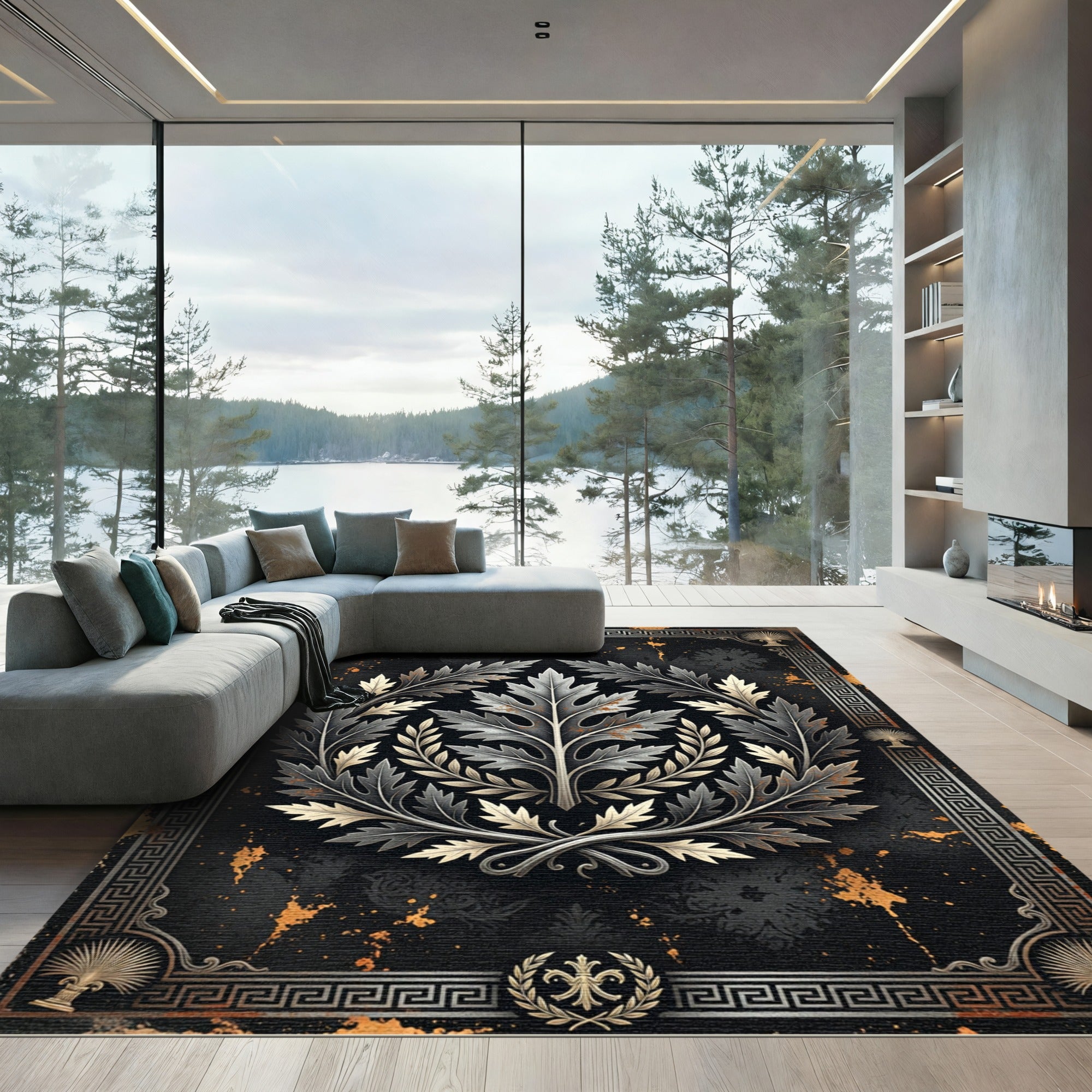 Metallic Acanthus Wreath Black Gold Border Rug