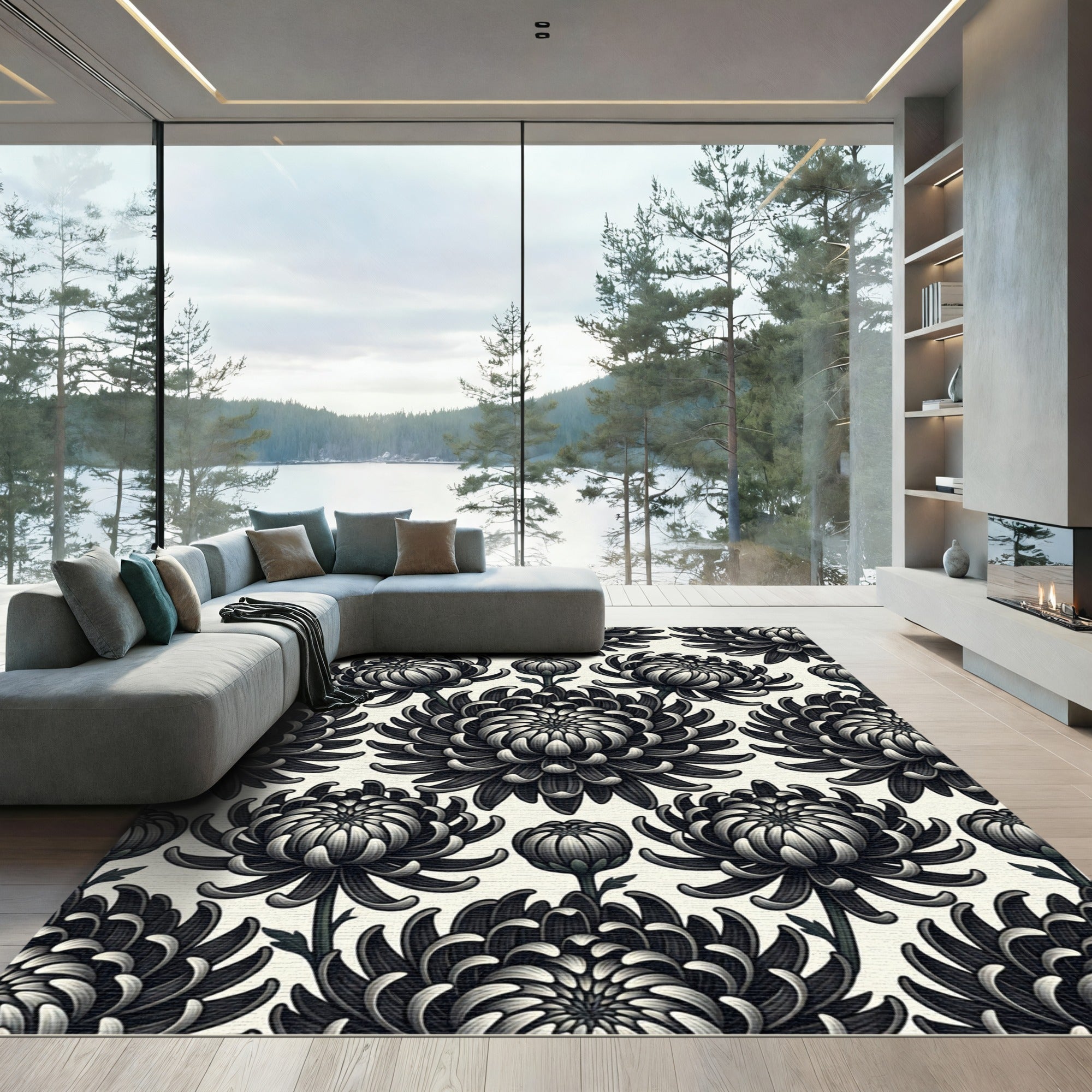 Mono Dark Floral Chrysanthemum Garden Rug