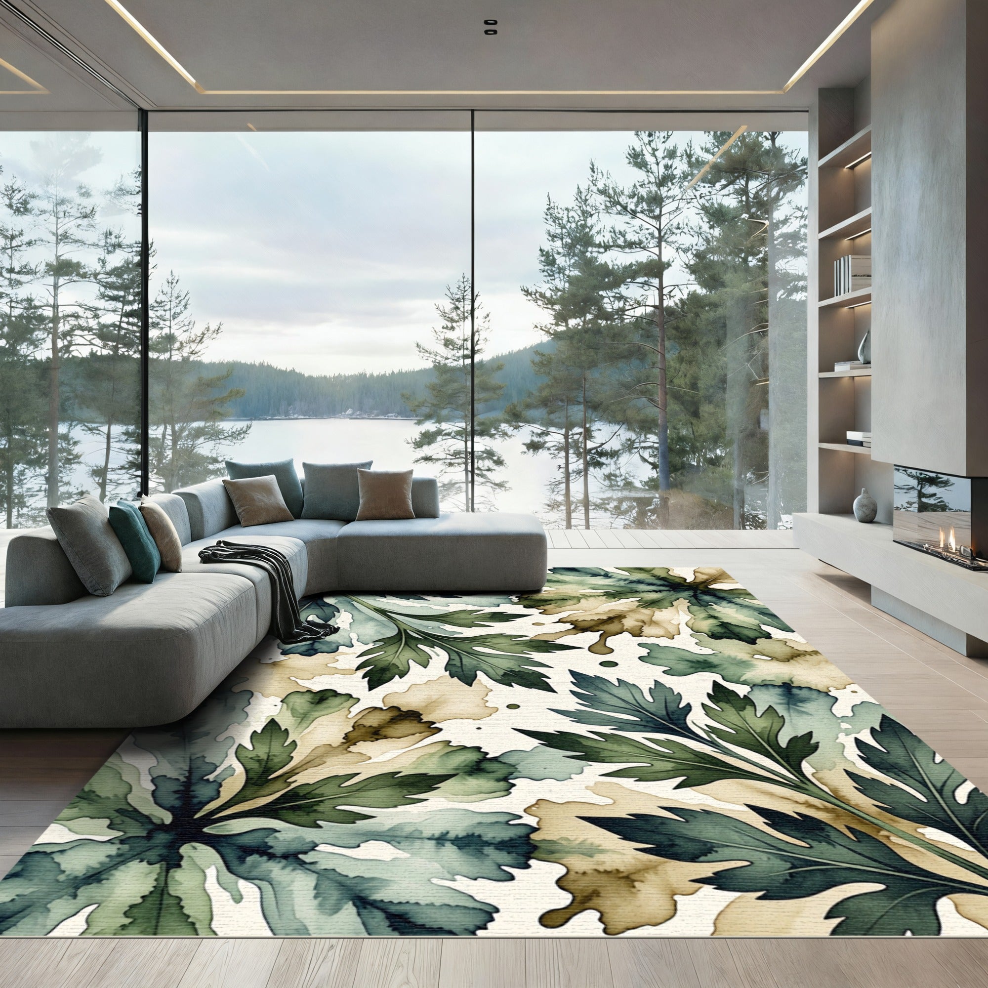 Earthy Watercolor Leaf Splatter Design Rug