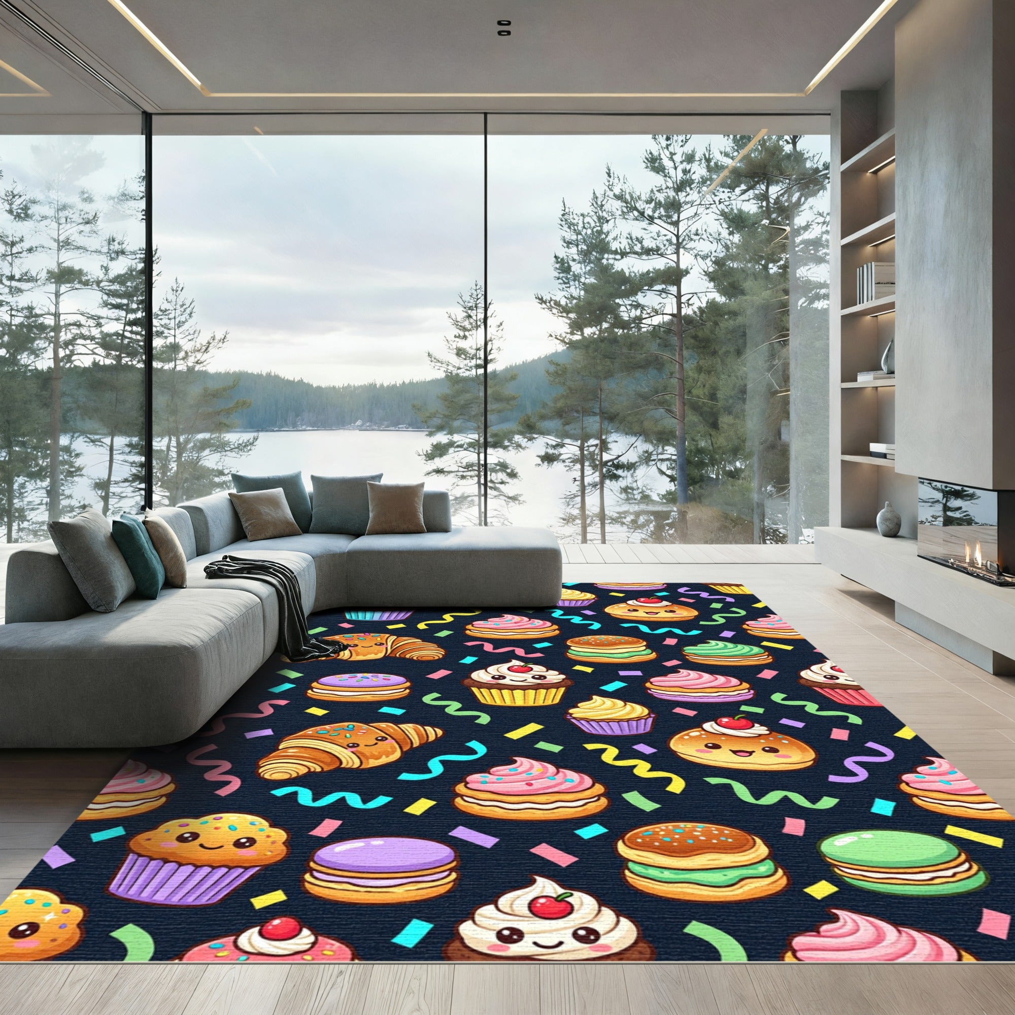 Cheerful Kawaii Cupcake and Confetti Illustration Rug