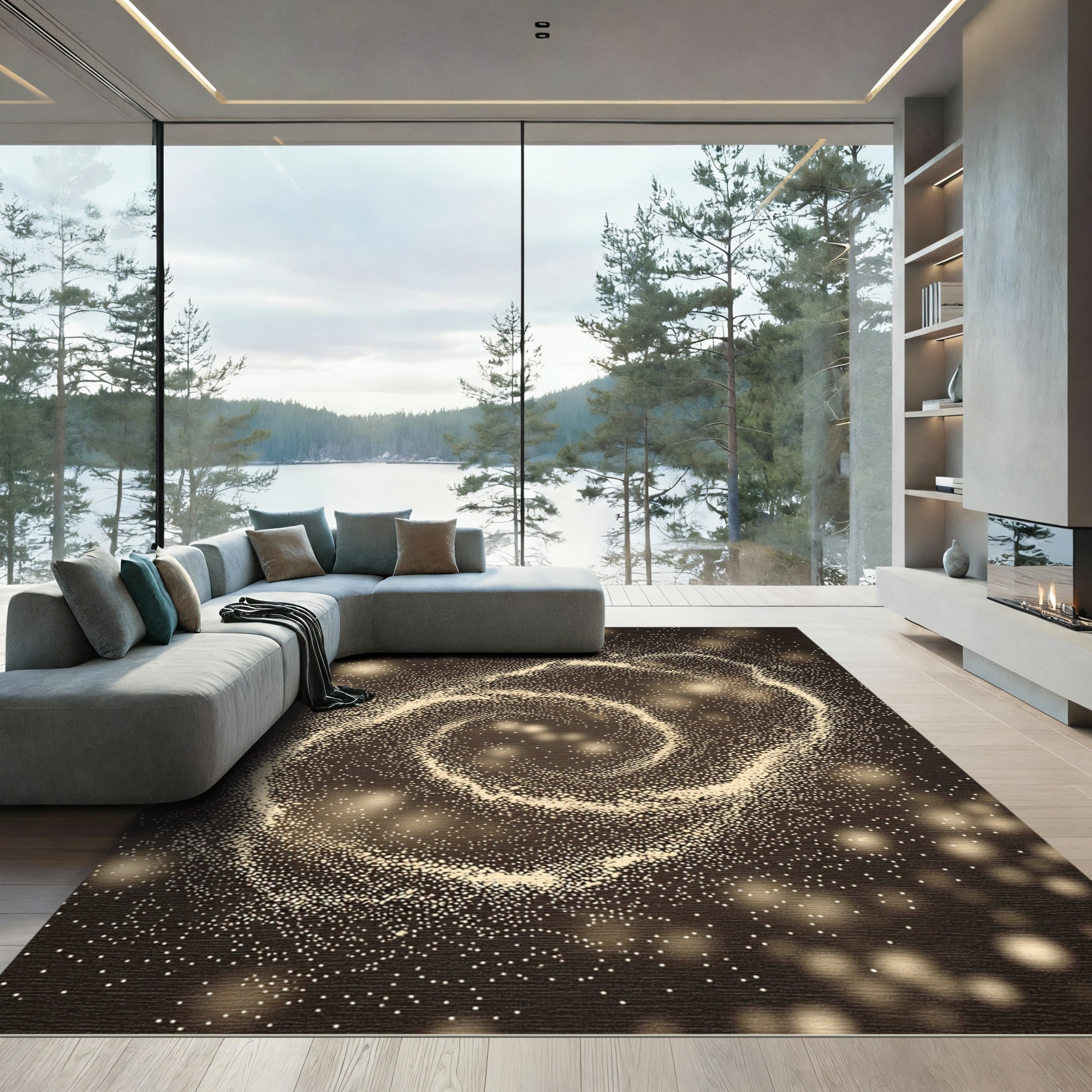 Golden Starry Vortex Swirl Rug