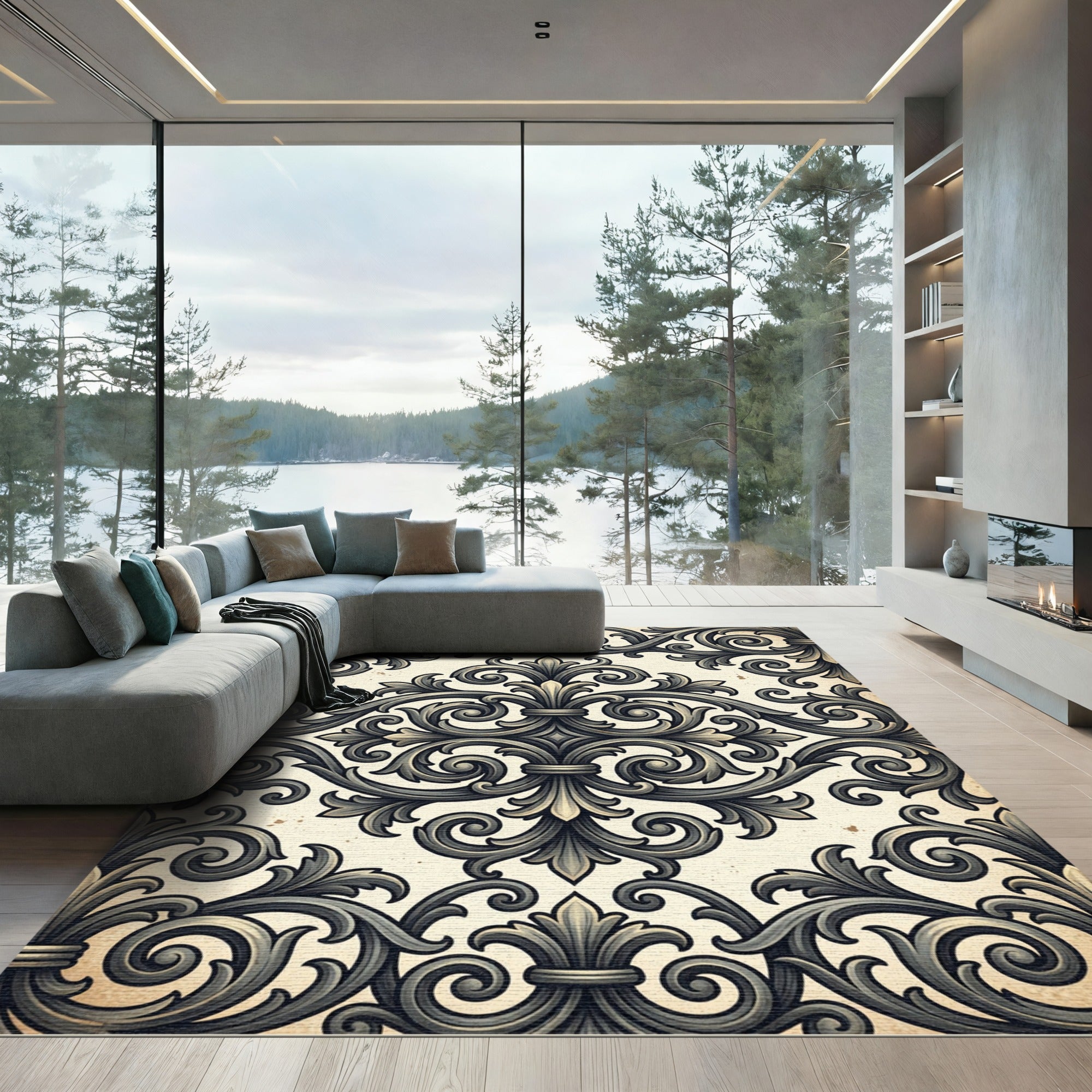 Elegant Charcoal Scrollwork Damask Rug