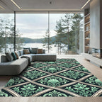 Elegant Jade Damask Lattice Scroll Rug