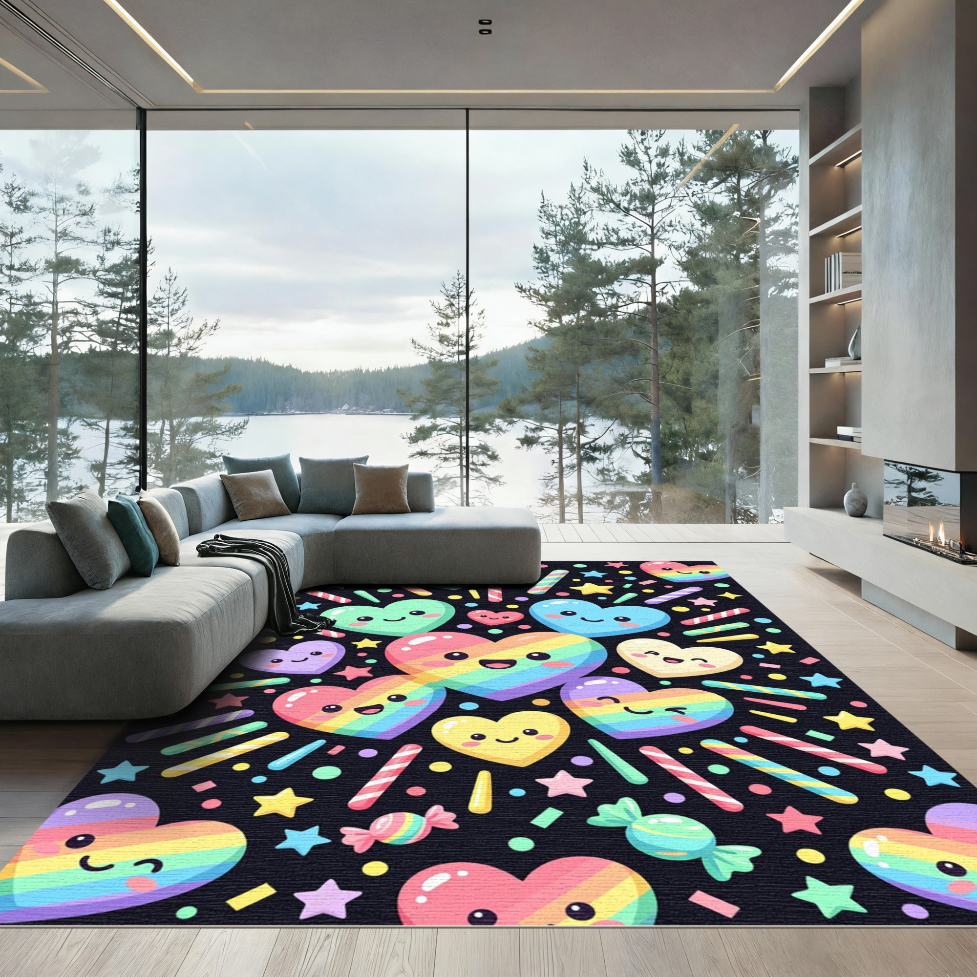 Cute Rainbow Heart Candy Star Pattern Rug