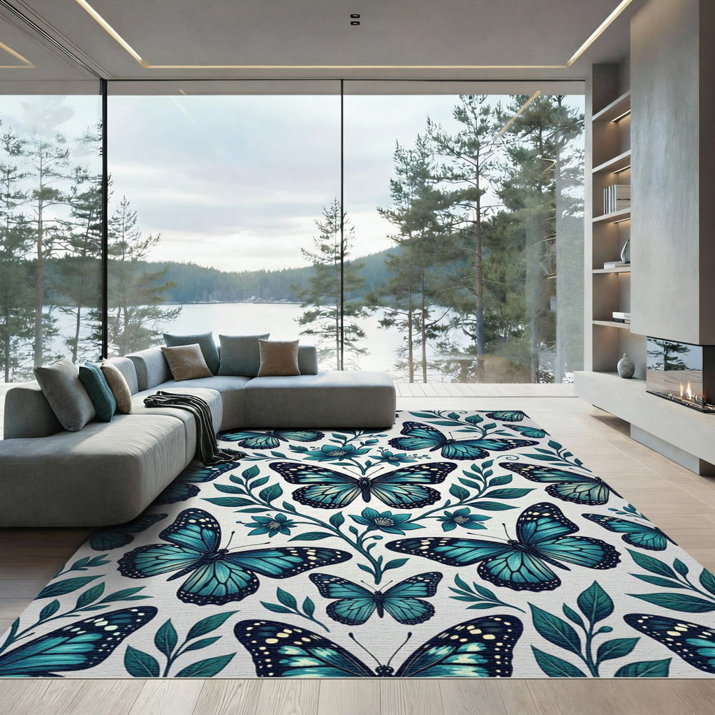 Elegant Teal Butterfly Botanical Garden Rug