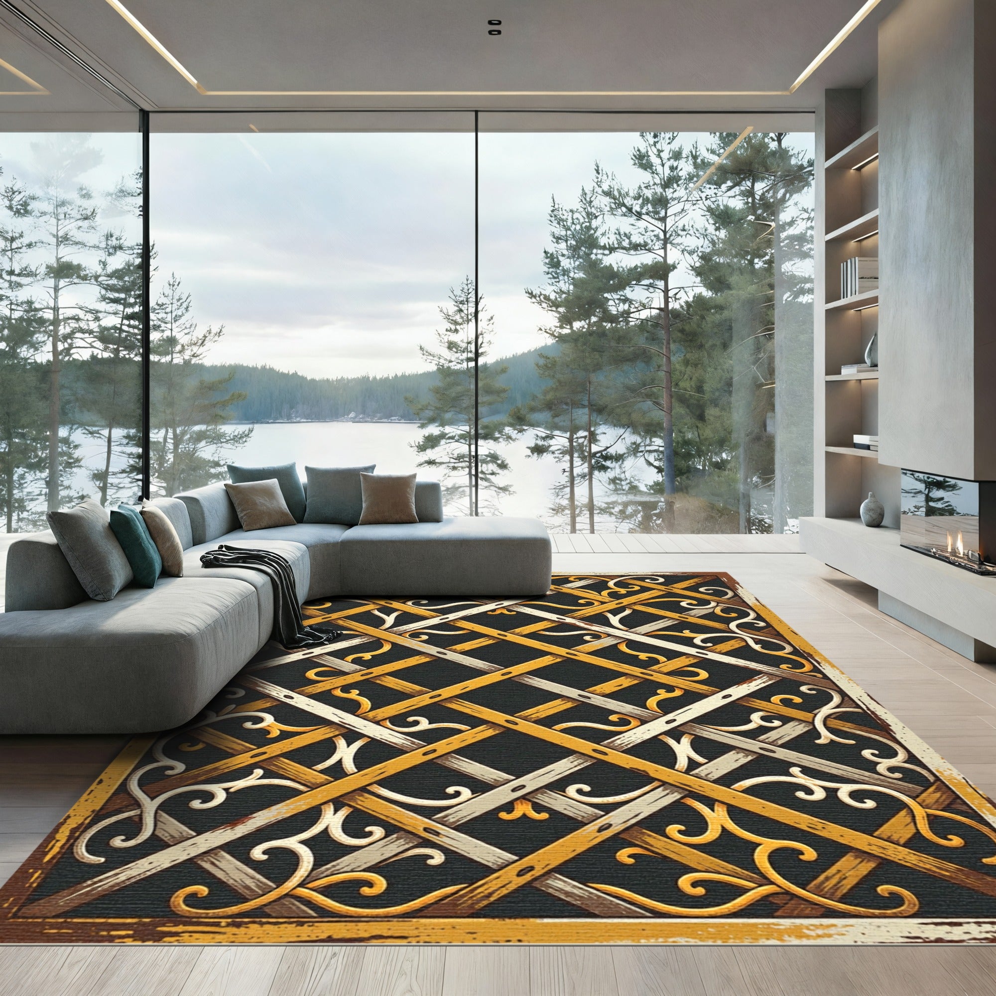 Golden Lattice Scroll Interwoven Grid Rug