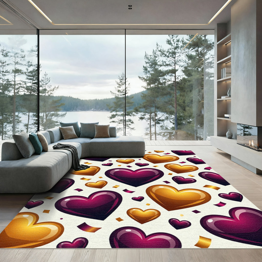 Amethyst Gold Heart Confetti Celebration Rug