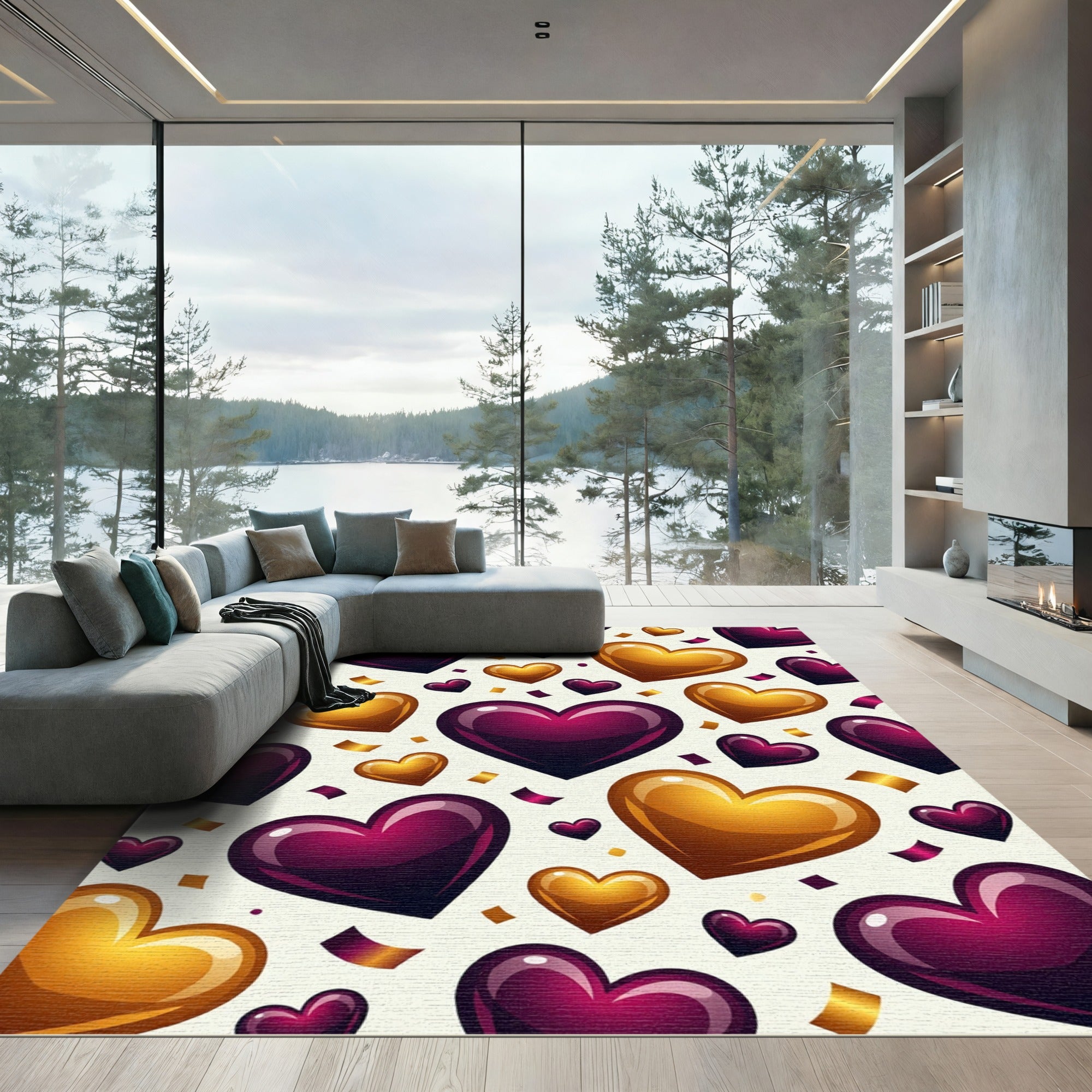 Amethyst Gold Heart Confetti Celebration Rug