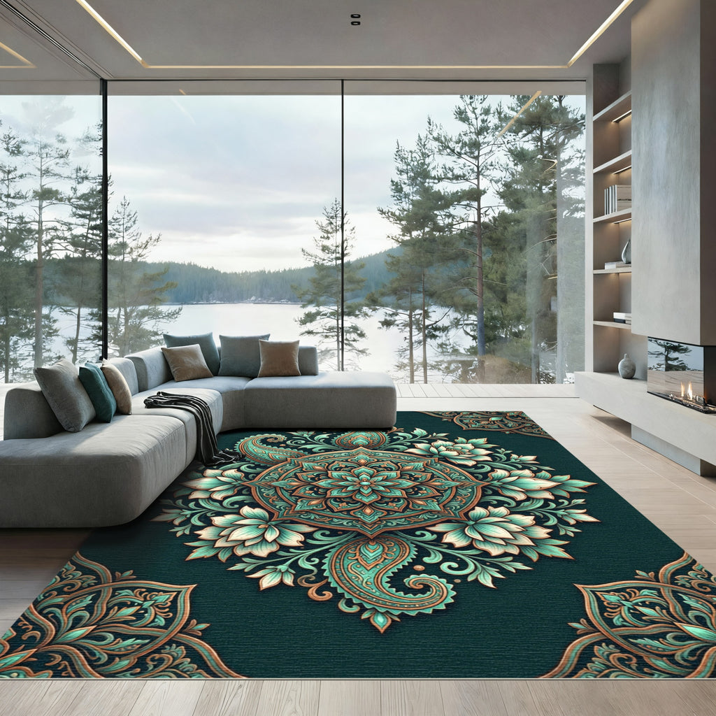 Teal and Gold Botanical Lotus Medallion Rug