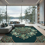 Teal and Gold Botanical Lotus Medallion Rug