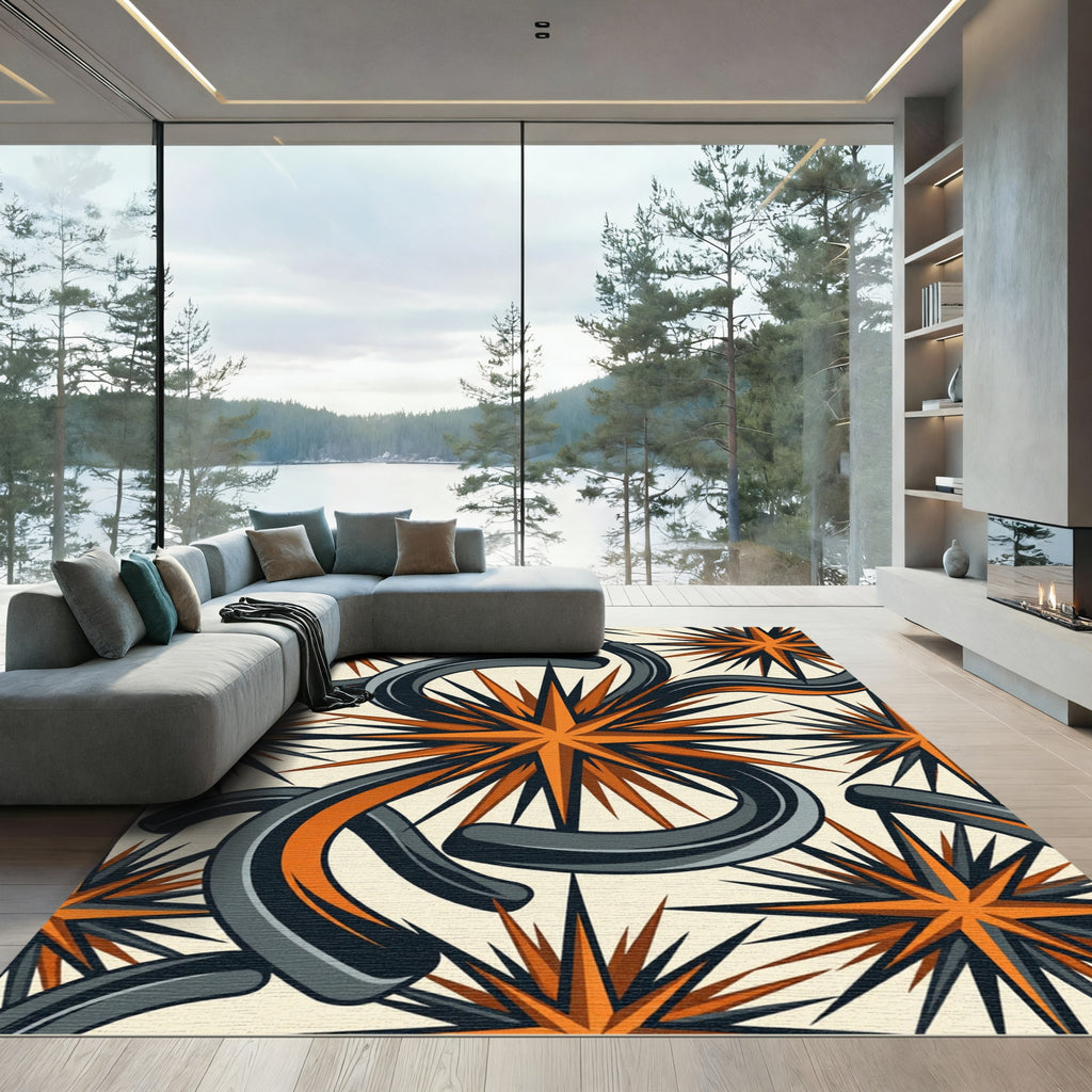 Mid Century Black and Orange Starburst Rug
