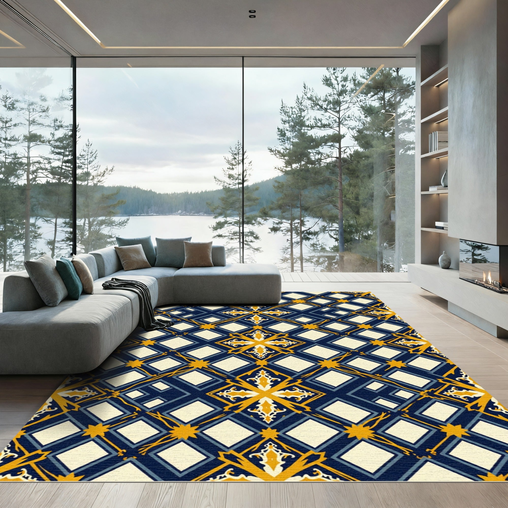Navy Blue Golden Trellis Geometric Rug