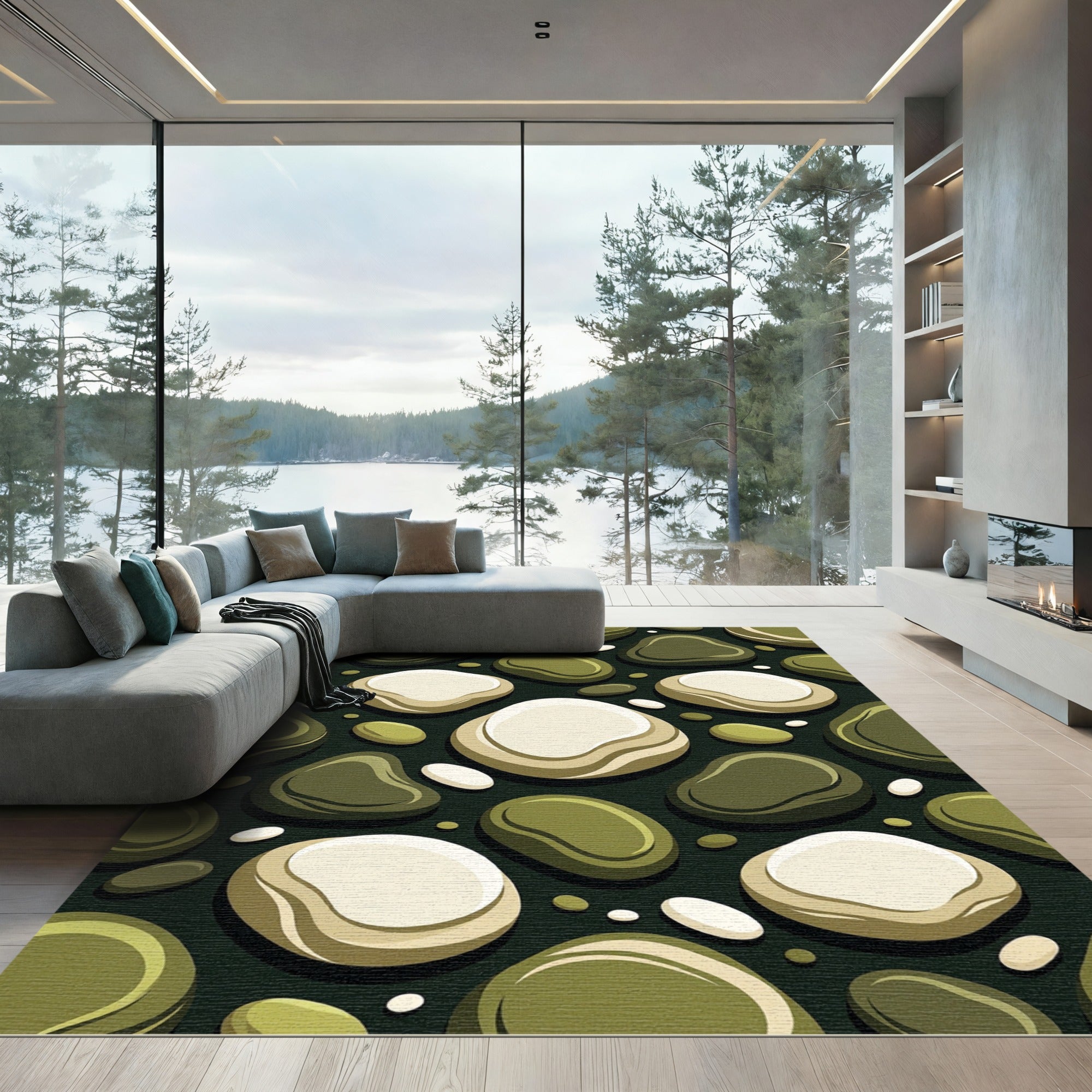 Olive Abstract Pebble Shape Rug