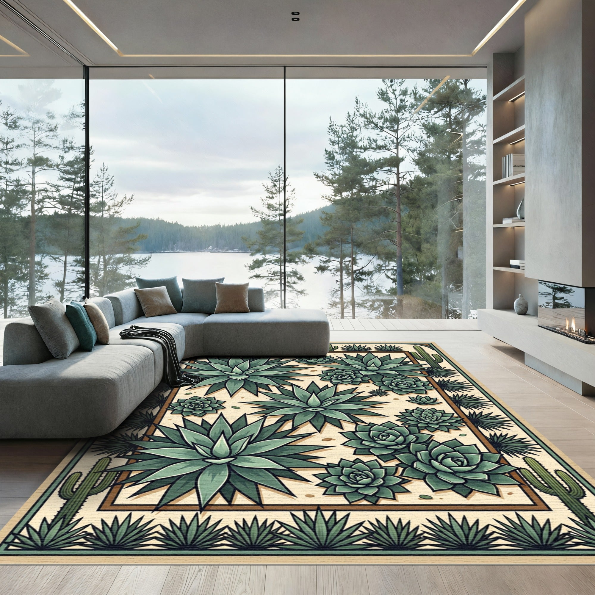 Southwestern Desert Succulent Cactus Illustration Rug