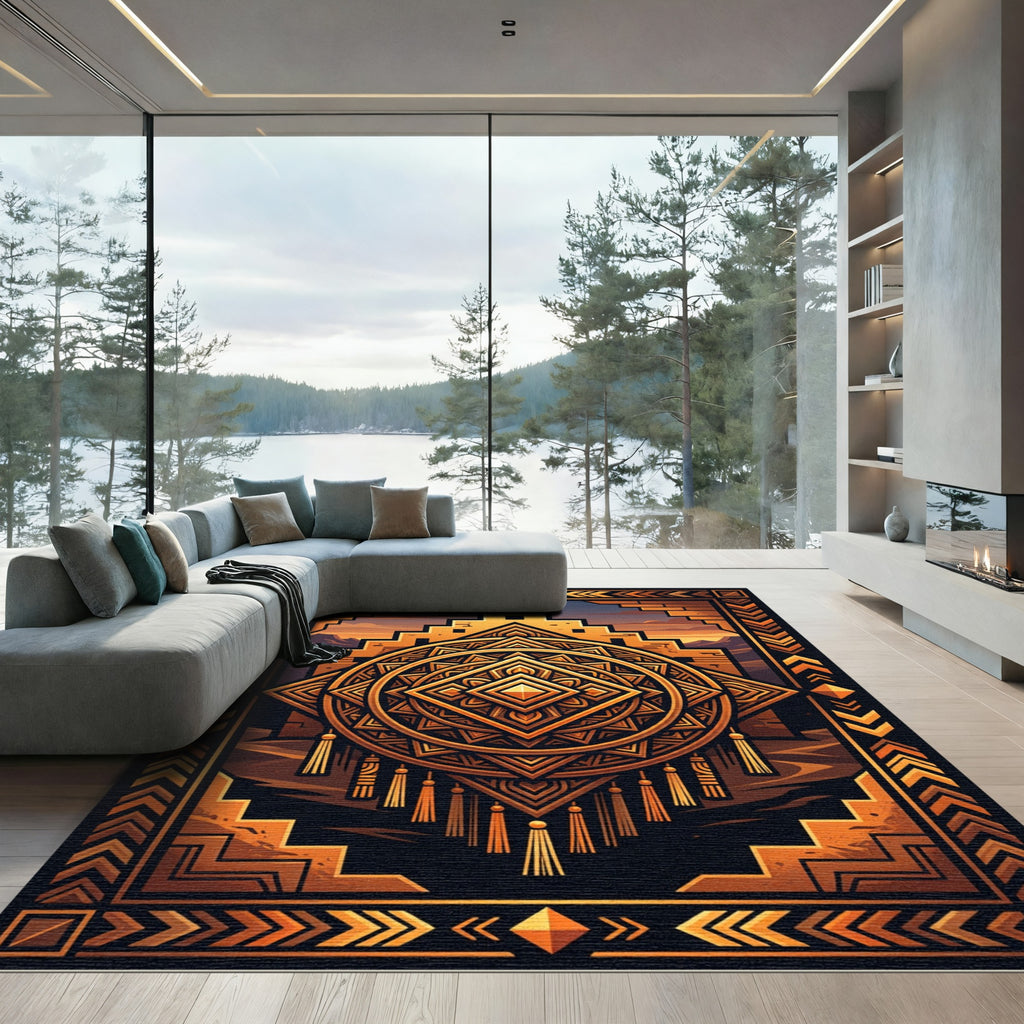 Golden Aztec Geometric Sunburst Medallion Rug