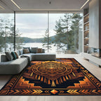 Golden Aztec Geometric Sunburst Medallion Rug