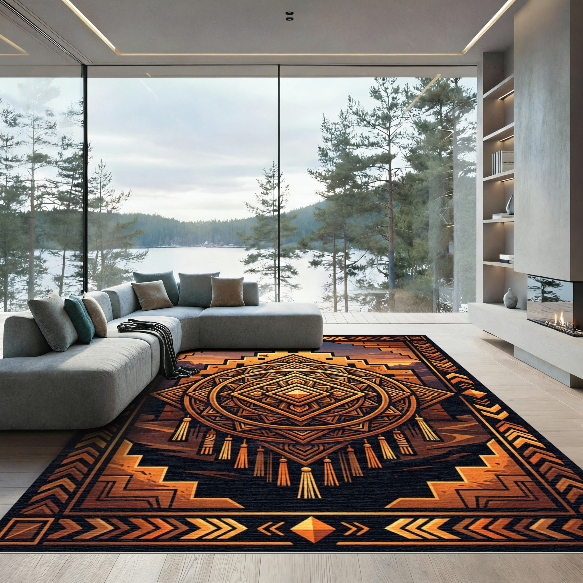 Golden Aztec Geometric Sunburst Medallion Rug