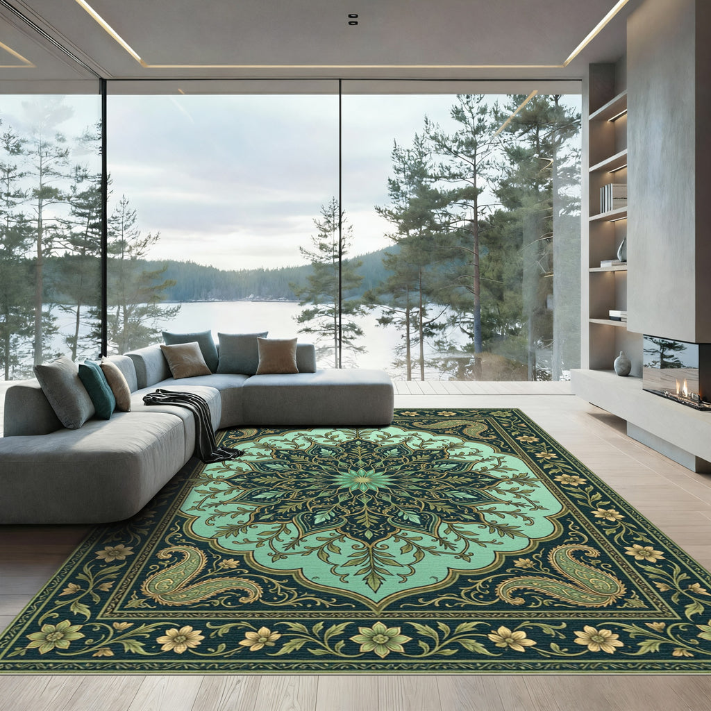 Emerald Green Paisley Floral Medallion Rug