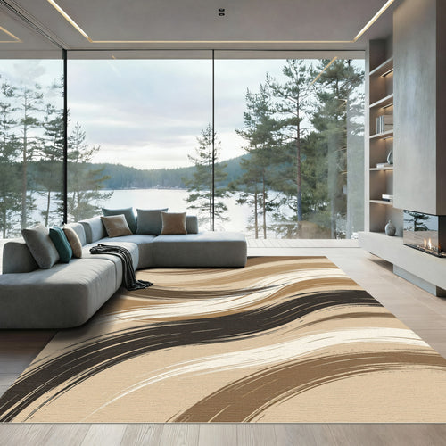 Abstract Neutral Earth Tone Wave Art Rug