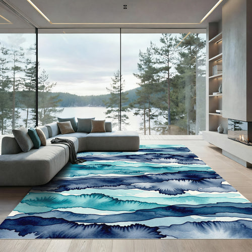 Abstract Indigo and Teal Watercolor Waves Rug