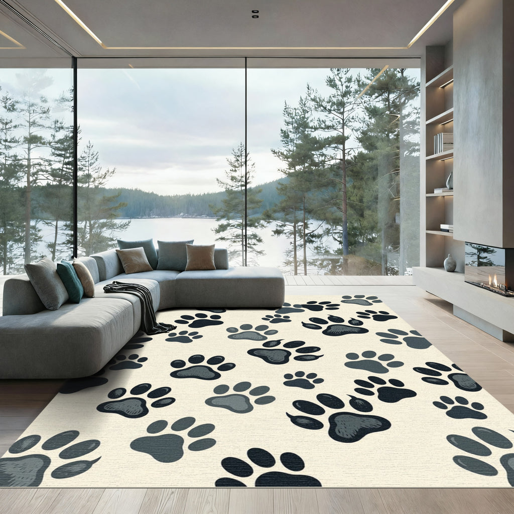 Playful Charcoal Paw Print Accent Rug